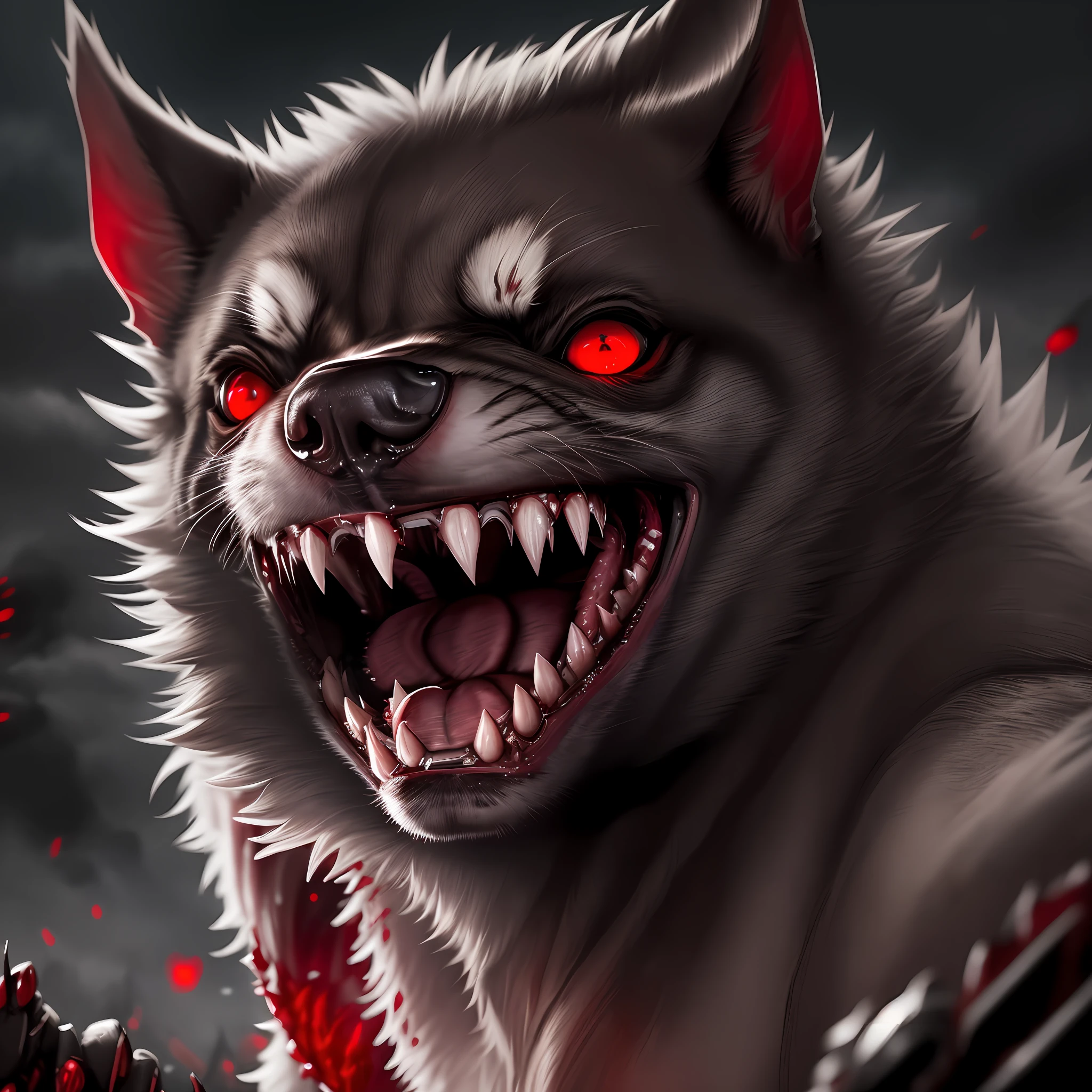 Rabid dog, killer red eyes, attack position, dark horror background, night, 8k quality, cinematic focus, big nails and teeth