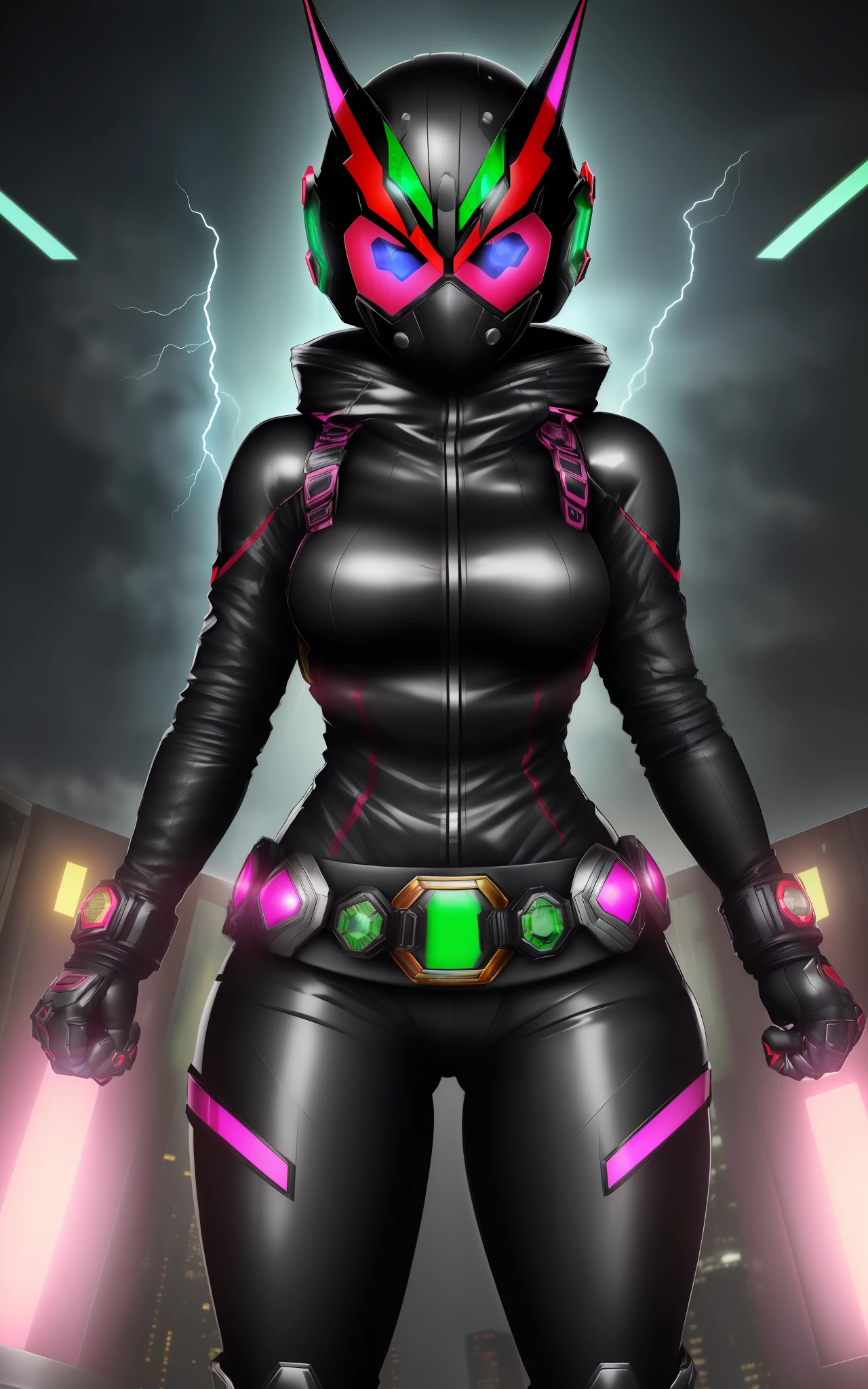 ((1girl/kamen Rider/helmet with fully covered face with colored glass display/colored eye lights)), Kamen Rider/Tokusatsu, maximum resolution/quality/sharpness/detail viewer, belt, (bald head), breasts1giant, facing the spectator/staring, fighting position, clenched fists, in a futuristic city raining and thundering.