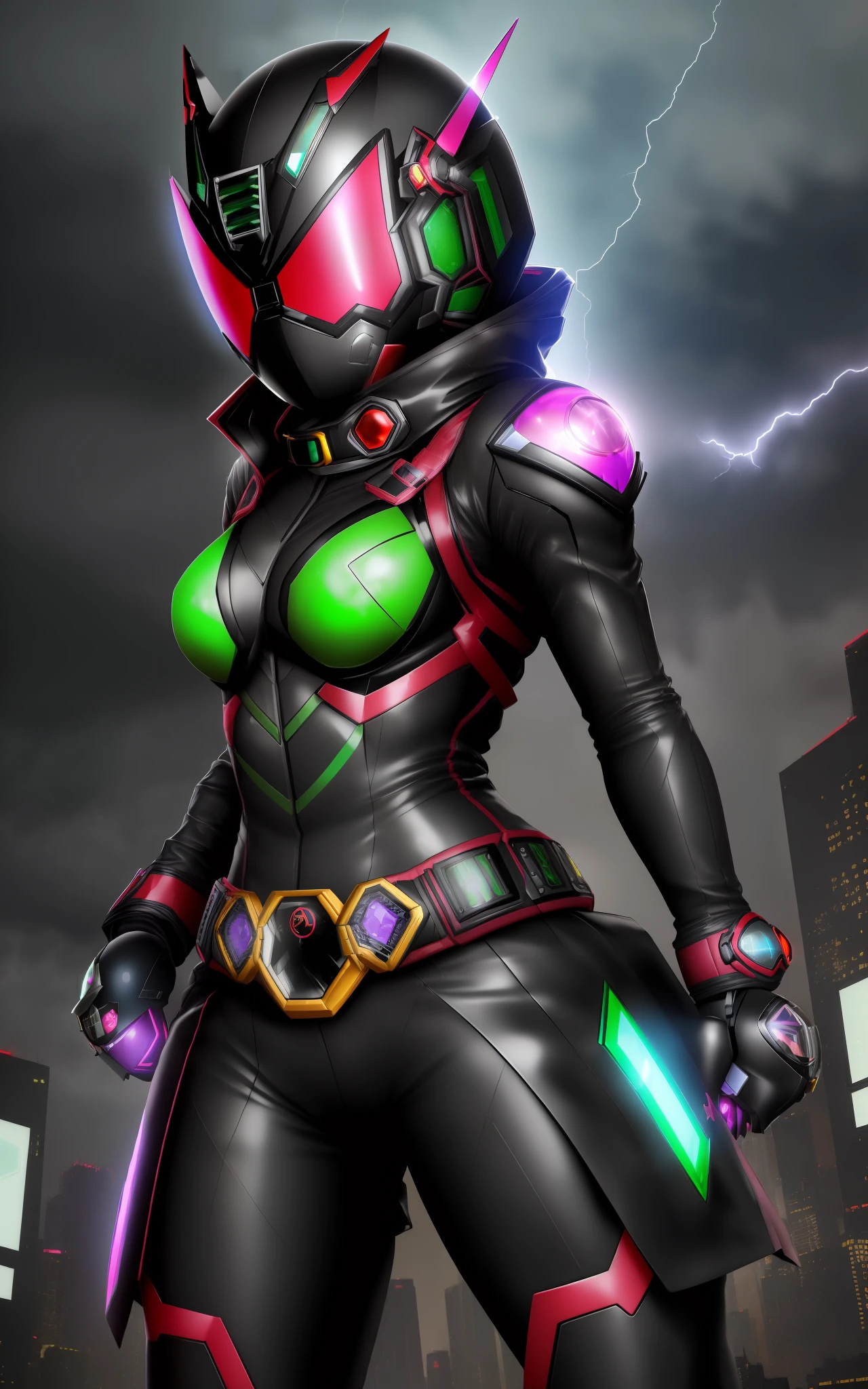 ((1girl/kamen Rider/helmet with fully covered face with colored glass display/colored eye lights)), Kamen Rider/Tokusatsu, maximum resolution/quality/sharpness/detail viewer, belt, (bald head), breasts1giant, facing the spectator/staring, fighting position, clenched fists, in a futuristic city raining and thundering.