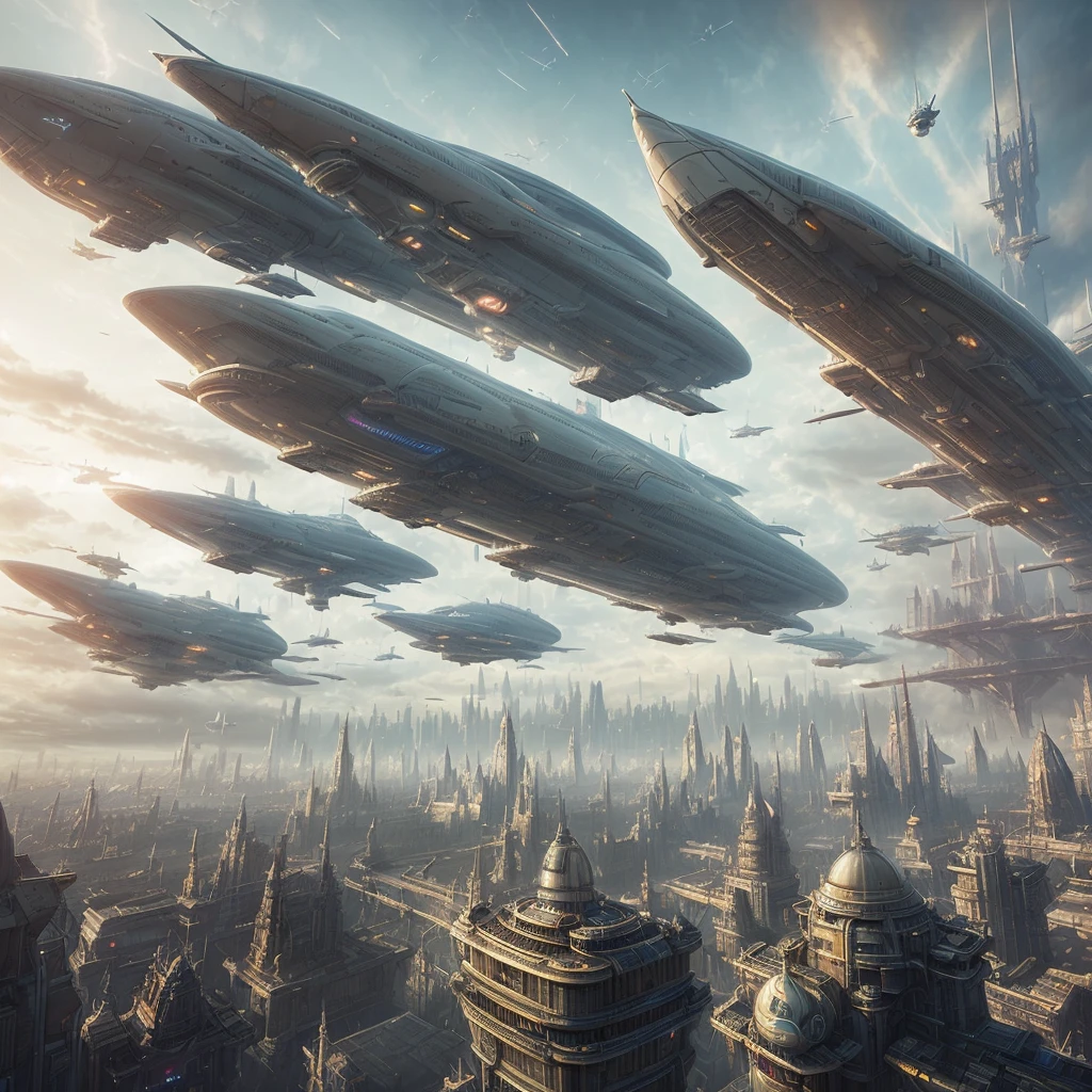 massive futuristic airships shooting each other hovering above a futuristic city with towering spires, epic realistic, photo, faded, complex stuff around, neutral colors, ((((hdr)))), ((((muted colors)))), intricate scene, artstation, intricate details, vignette