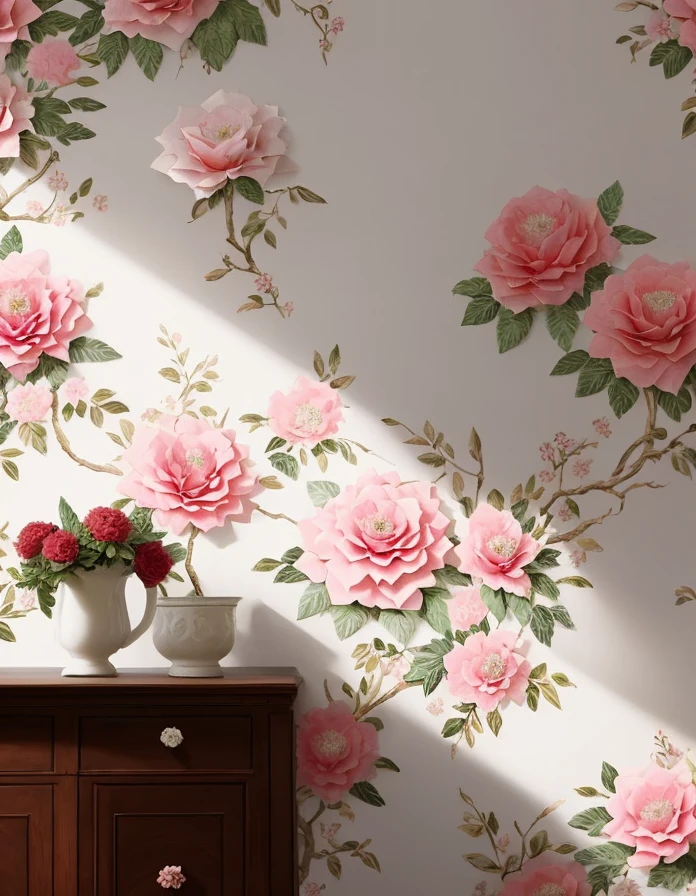 paper flowers are made into a composition, in the style of polychrome terracotta, wallpaper, meticulous detailing, colorful and playful, porcelain, dreamlike hues, nature-inspired art