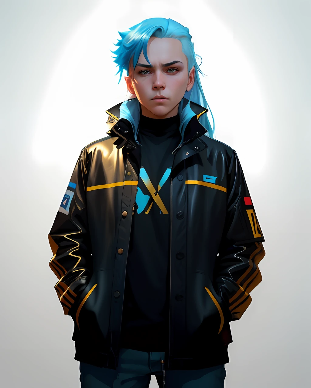 ilya kuvshinov with long sky blue hair, gold eyes, amber eyes, boyish face, professional digital painting, wild brush strokes, concept art, award - winning photography, cinematic, wlop, color block, pop, hip, art by andy warhol, pixiv art, yoshitaka amano