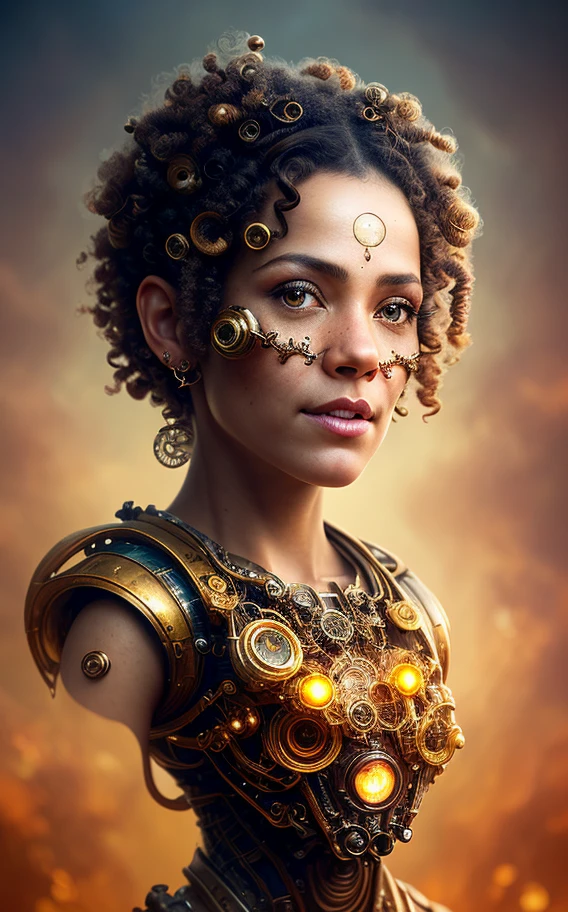 ink trail of 30 year old mulatto steam punk woman, soft faced, looking at camera, model pose, very short curly hair, intricately detailed, full body, cinematic scene, dramatic light, 8k, , determined look, Autumn Afternoon Fantasy, Starship Enterprise