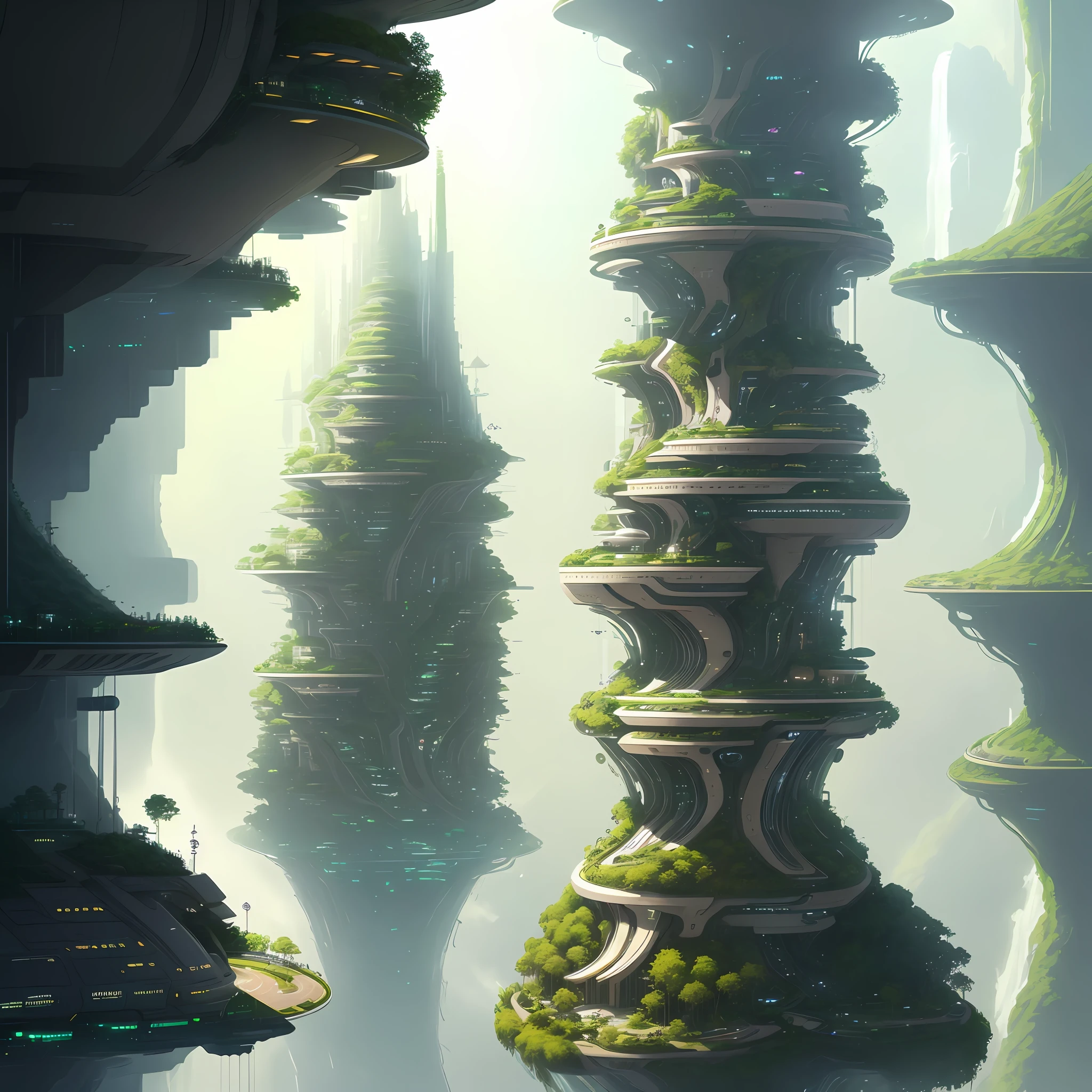 Create an illustration of a futuristic city characterized by floating gardens, suspended above the ground by advanced anti-gravity technology. Showcase a harmonious coexistence of nature and urban living, with lush vegetation, cascading waterfalls, and futuristic architecture. Let the artwork exude a sense of tranquility and serenity, capturing the idea of a sustainable, green city where humanity thrives in harmony with the environment.

Feel free to use these prompts as inspiration for your creative endeavors in illustrating futuristic cities and places. Let your imagination run wild and bring to life these visually stunning and imaginative worlds!