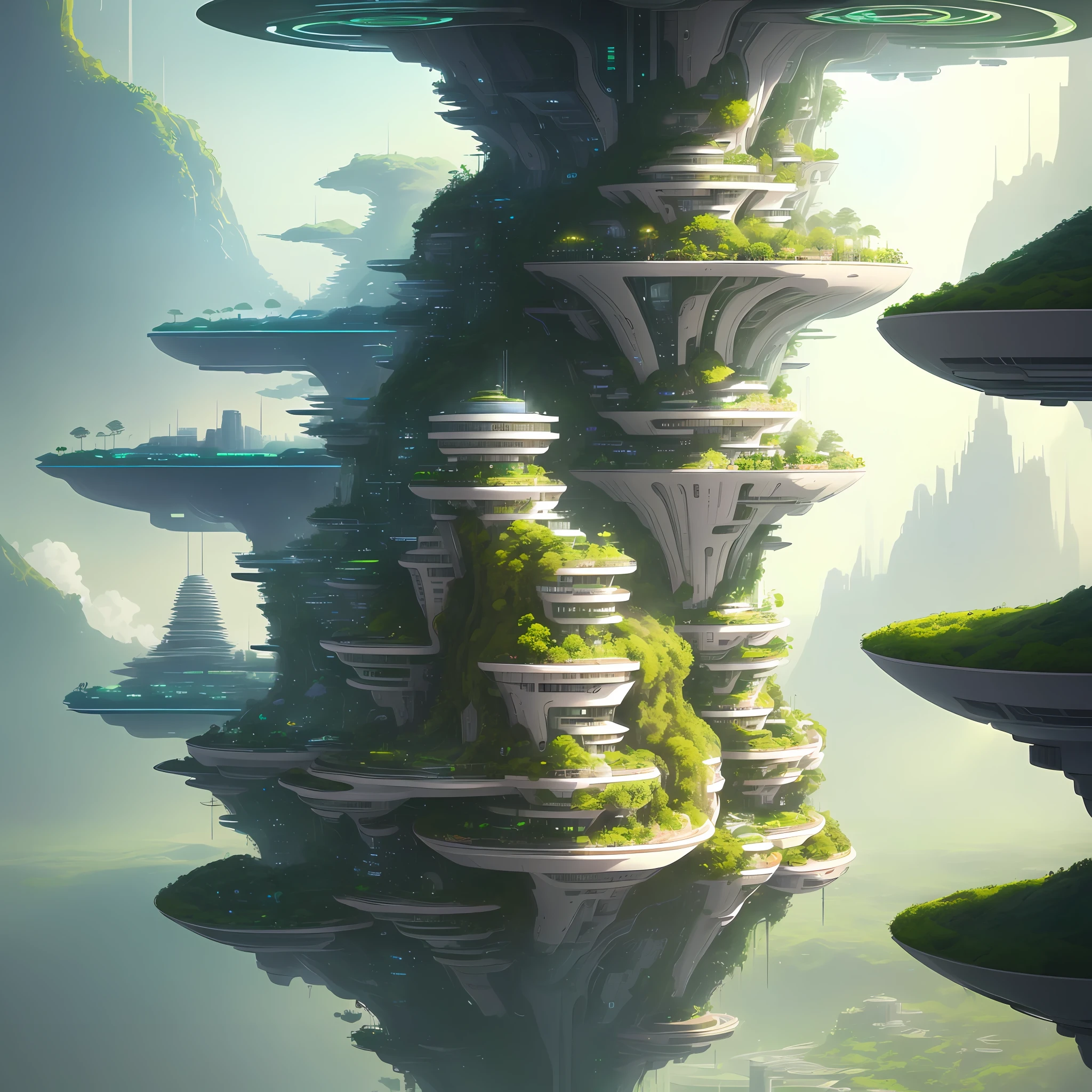 Create an illustration of a futuristic city characterized by floating gardens, suspended above the ground by advanced anti-gravity technology. Showcase a harmonious coexistence of nature and urban living, with lush vegetation, cascading waterfalls, and futuristic architecture. Let the artwork exude a sense of tranquility and serenity, capturing the idea of a sustainable, green city where humanity thrives in harmony with the environment.
Feel free to use these prompts as inspiration for your creative endeavors in illustrating futuristic cities and places. Let your imagination run wild and bring to life these visually stunning and imaginative worlds!