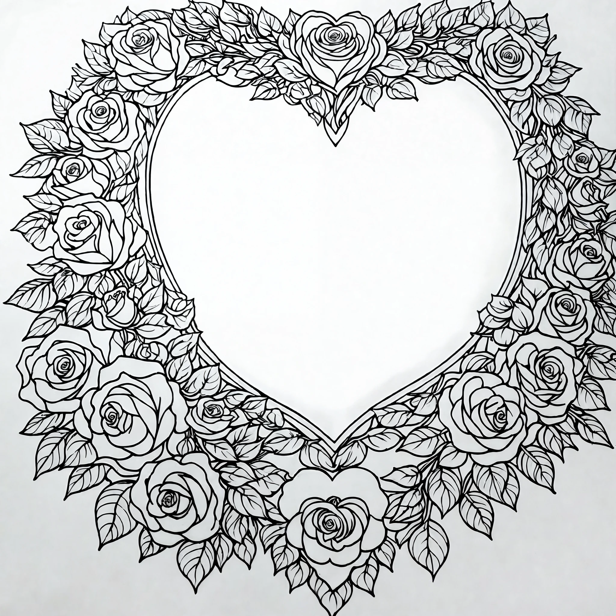 a heart shaped frame with roses, coloring book outline, clean coloring book page, heart made of flowers, coloring book page, coloring pages, beautiful detailed intricate, higly detailed black ink outline, intricate ornament halo, colouring - in sheet, beautiful line art, intricate line drawing, mechanical heart in center, colouring pages, highly intricate detailed