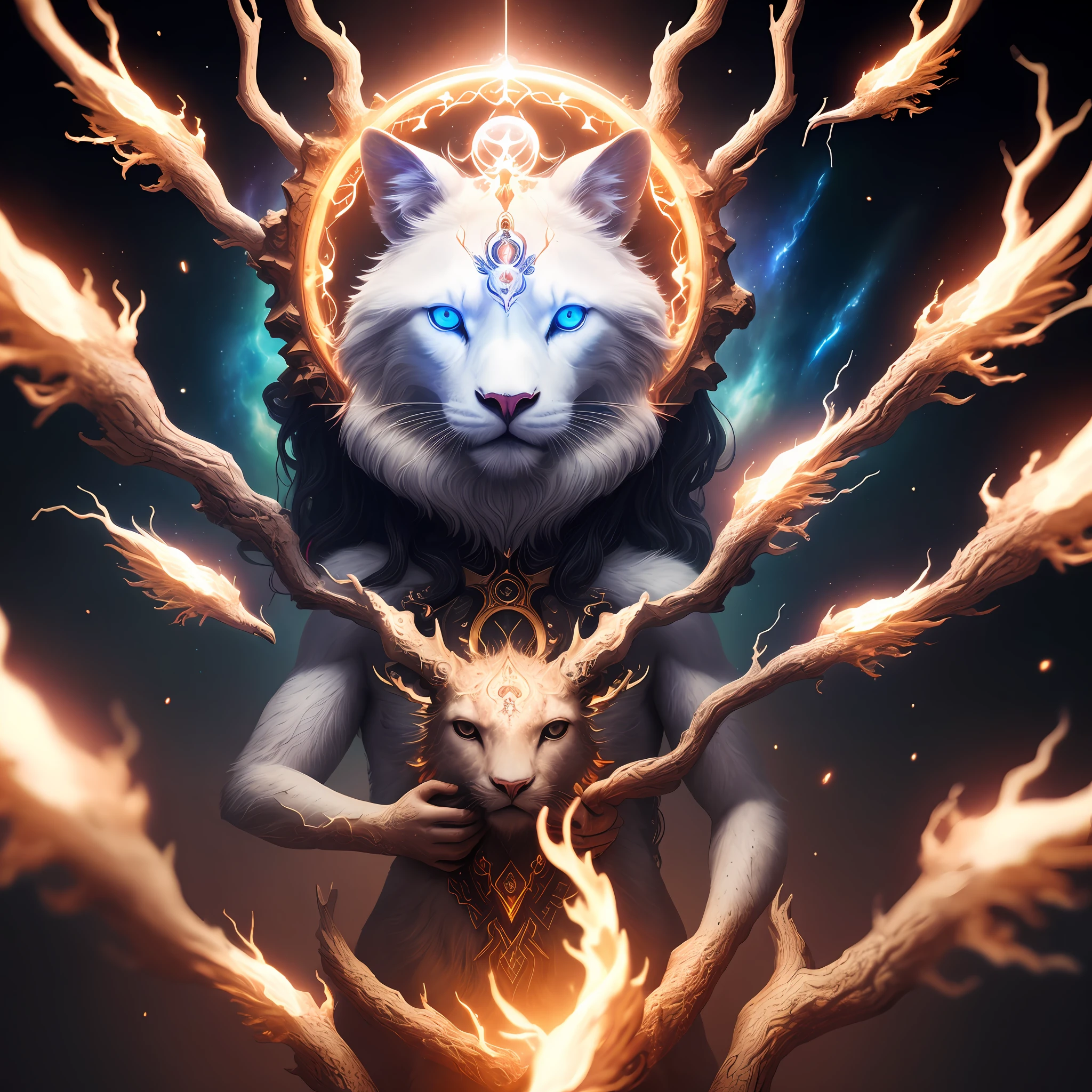 Celestial being, 7 animal heads, broken limbs, destroyed background, many colors, optimal lighting, cinematic focus, 8k quality