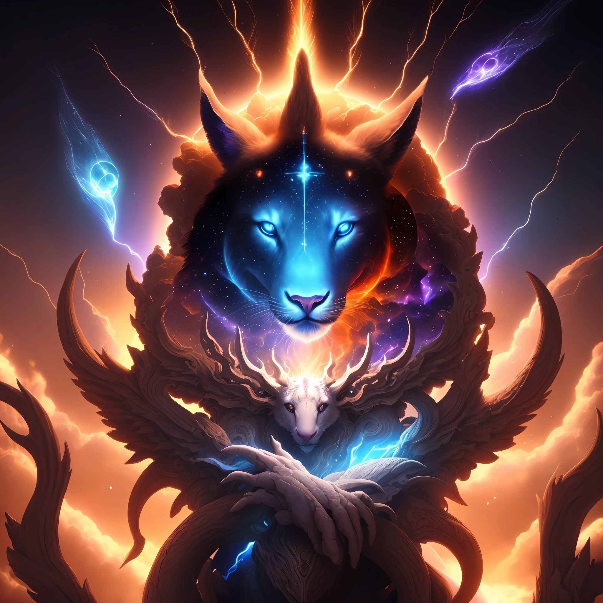 Celestial being, 7 animal heads, broken limbs, destroyed background, many colors, optimal lighting, cinematic focus, 8k quality
