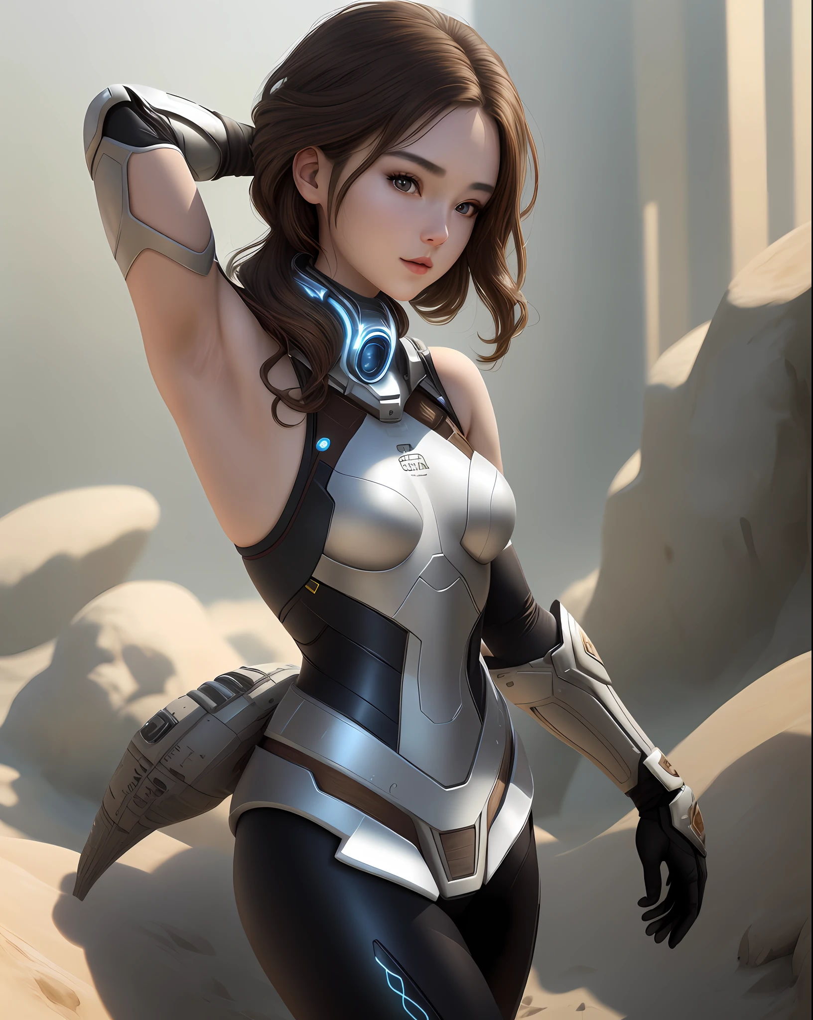 "Complete art masterpiece, high quality, ultra detailed in 4k, 8k, high resolution, hyper-realistic photo, hyper-detailed, realistic skin texture, amazing shadows, extremely detailed texture, perfect lighting, high-level image quality." A female heroine, (Fair skin, brown hair, chinese, outlined eyes, outlined face, gloves, thin body), wearing a one-piece high tech armor, exploring an allien planet, armpit
