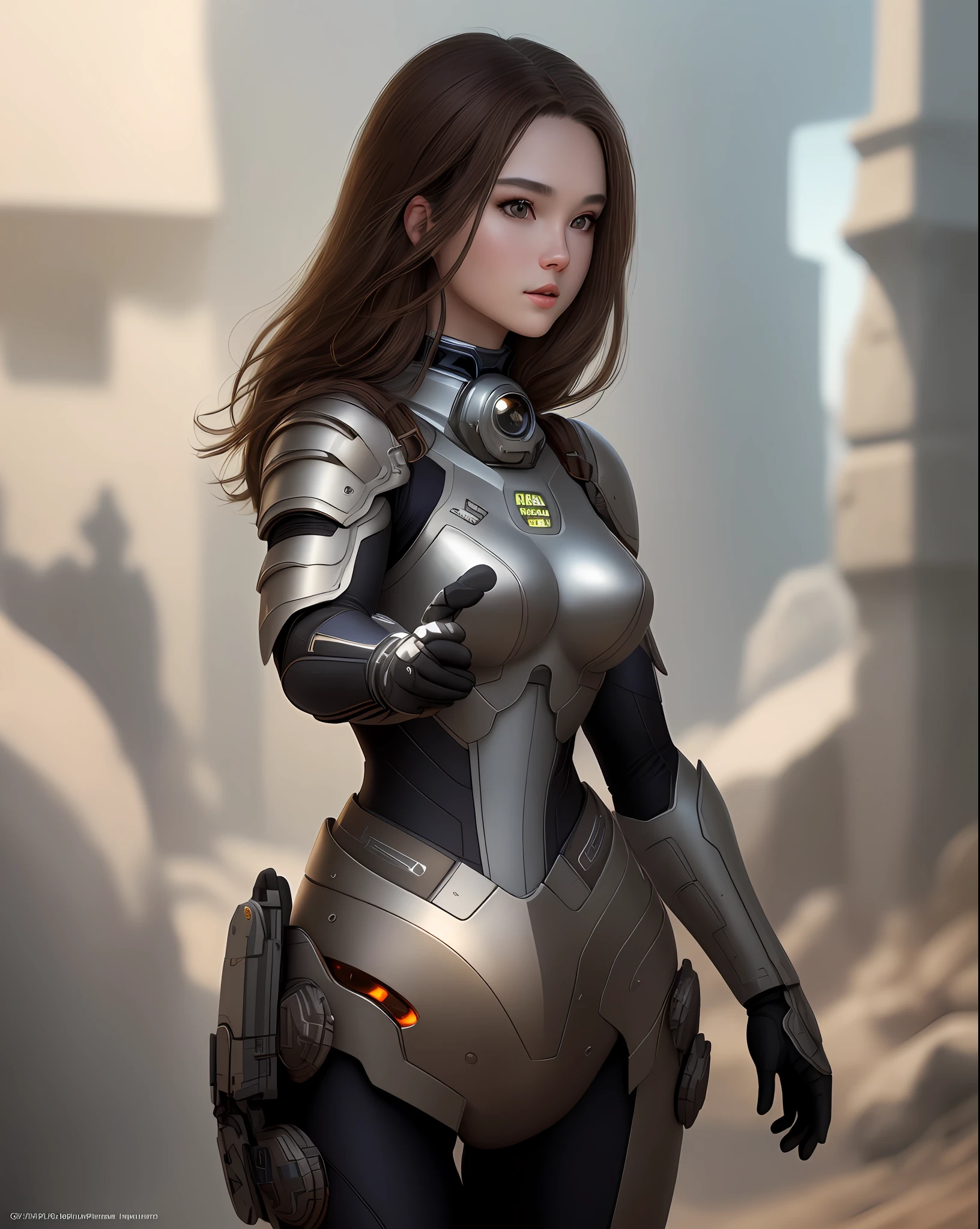 "Complete art masterpiece, high quality, ultra detailed in 4k, 8k, high resolution, hyper-realistic photo, hyper-detailed, realistic skin texture, amazing shadows, extremely detailed texture, perfect lighting, high-level image quality." A female heroine, (Fair skin, brown hair, chinese, outlined eyes, outlined face, gloves, thin body), wearing a one-piece high tech armor, exploring an allien planet, armpit