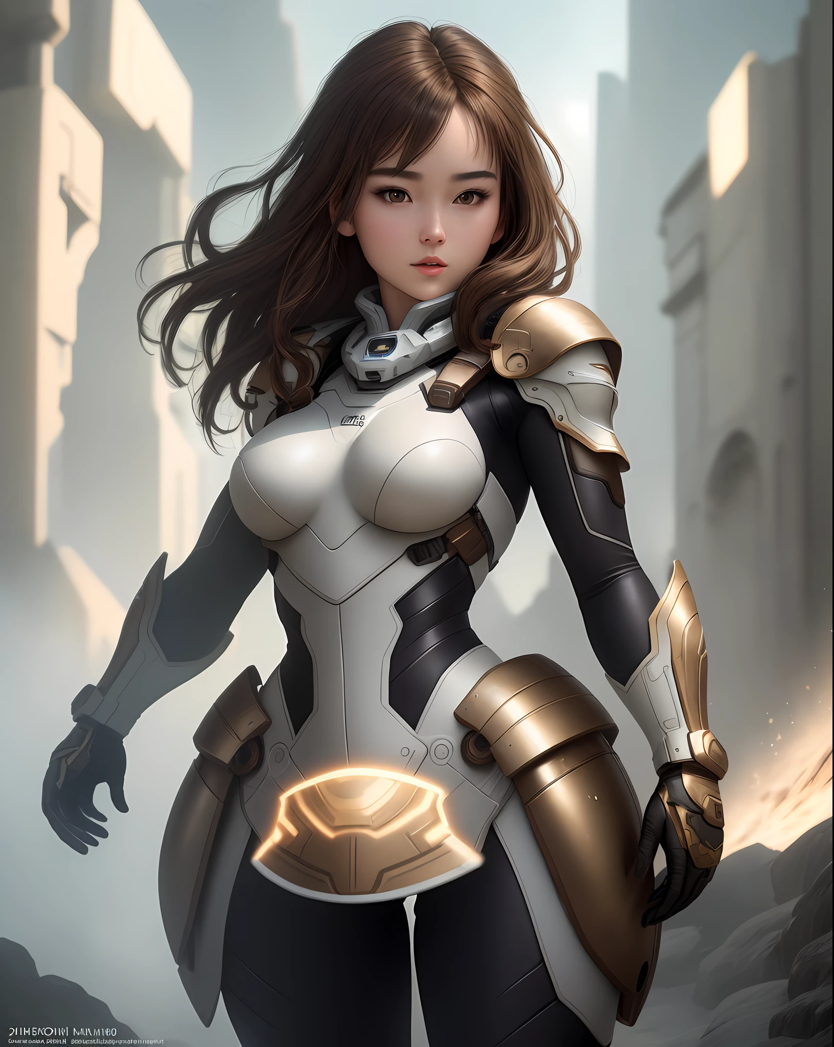 "Complete art masterpiece, high quality, ultra detailed in 4k, 8k, high resolution, hyper-realistic photo, hyper-detailed, realistic skin texture, amazing shadows, extremely detailed texture, perfect lighting, high-level image quality." A female heroine, (Fair skin, brown hair, chinese, outlined eyes, outlined face, gloves, thin body), wearing a one-piece high tech armor, exploring an allien planet, armpit