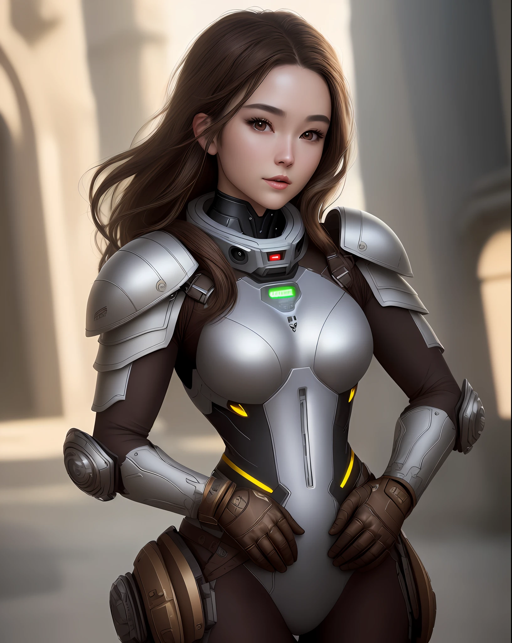 "Complete art masterpiece, high quality, ultra detailed in 4k, 8k, high resolution, hyper-realistic photo, hyper-detailed, realistic skin texture, amazing shadows, extremely detailed texture, perfect lighting, high-level image quality." A female heroine, (Fair skin, brown hair, chinese, outlined eyes, outlined face, gloves, thin body), wearing a one-piece high tech armor, exploring an allien planet