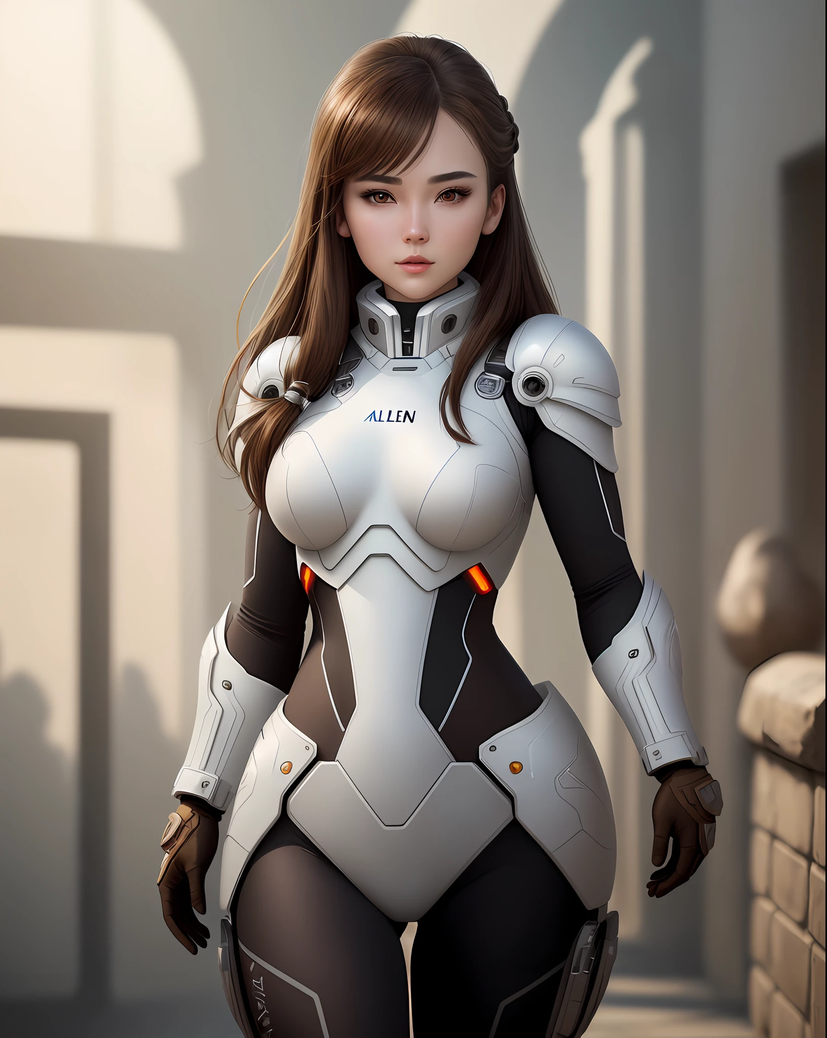 "Complete art masterpiece, high quality, ultra detailed in 4k, 8k, high resolution, hyper-realistic photo, hyper-detailed, realistic skin texture, amazing shadows, extremely detailed texture, perfect lighting, high-level image quality." A female heroine, (Fair skin, brown hair, chinese, outlined eyes, outlined face, gloves, thin body), wearing a one-piece high tech armor, exploring an allien planet