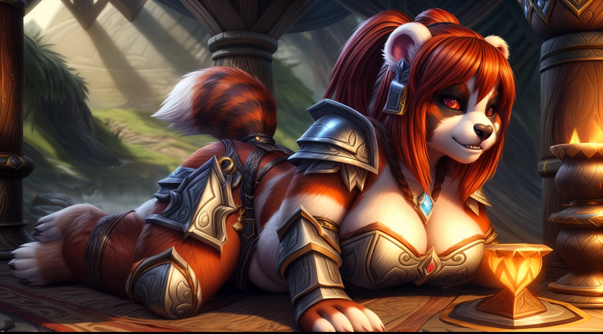 Award-winning photo of an overweight World of Warcraft pandaren girl, F-boy, light armor, SFW, high detail, photorealistic, highly detailed fur, 8K rendering, on e621.net, furry art, short bear tail