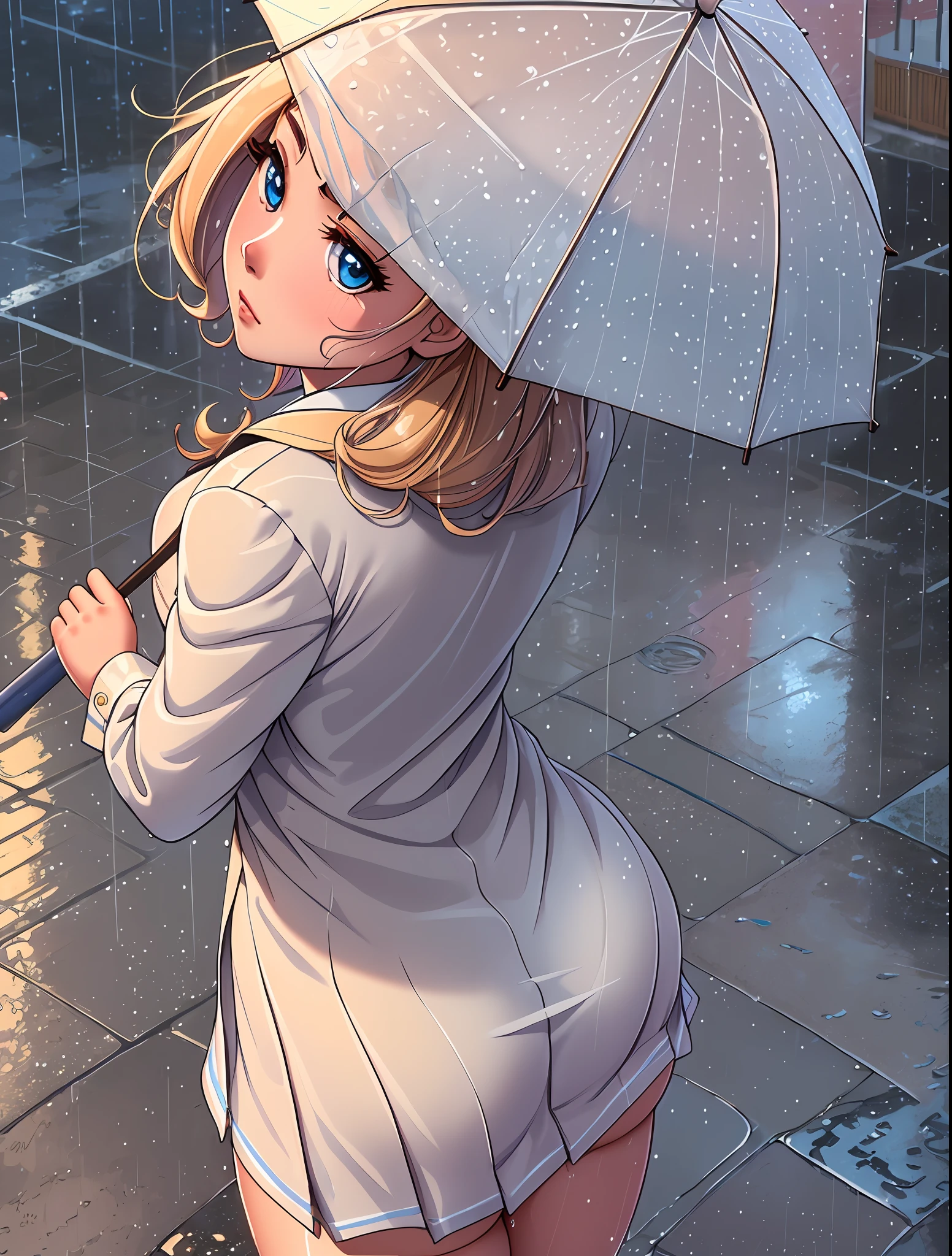 (extremely detailed CG unity 8k wallpaper, best quality, masterpiece),(best illumination, best shadow, an extremely delicate and beautiful), cute girl, (holding an umbrella, rainy day, puzzling look, school girl uniform), (dynamic angle, close-up shot), raindrops, wet streets, giant booty, big boobs