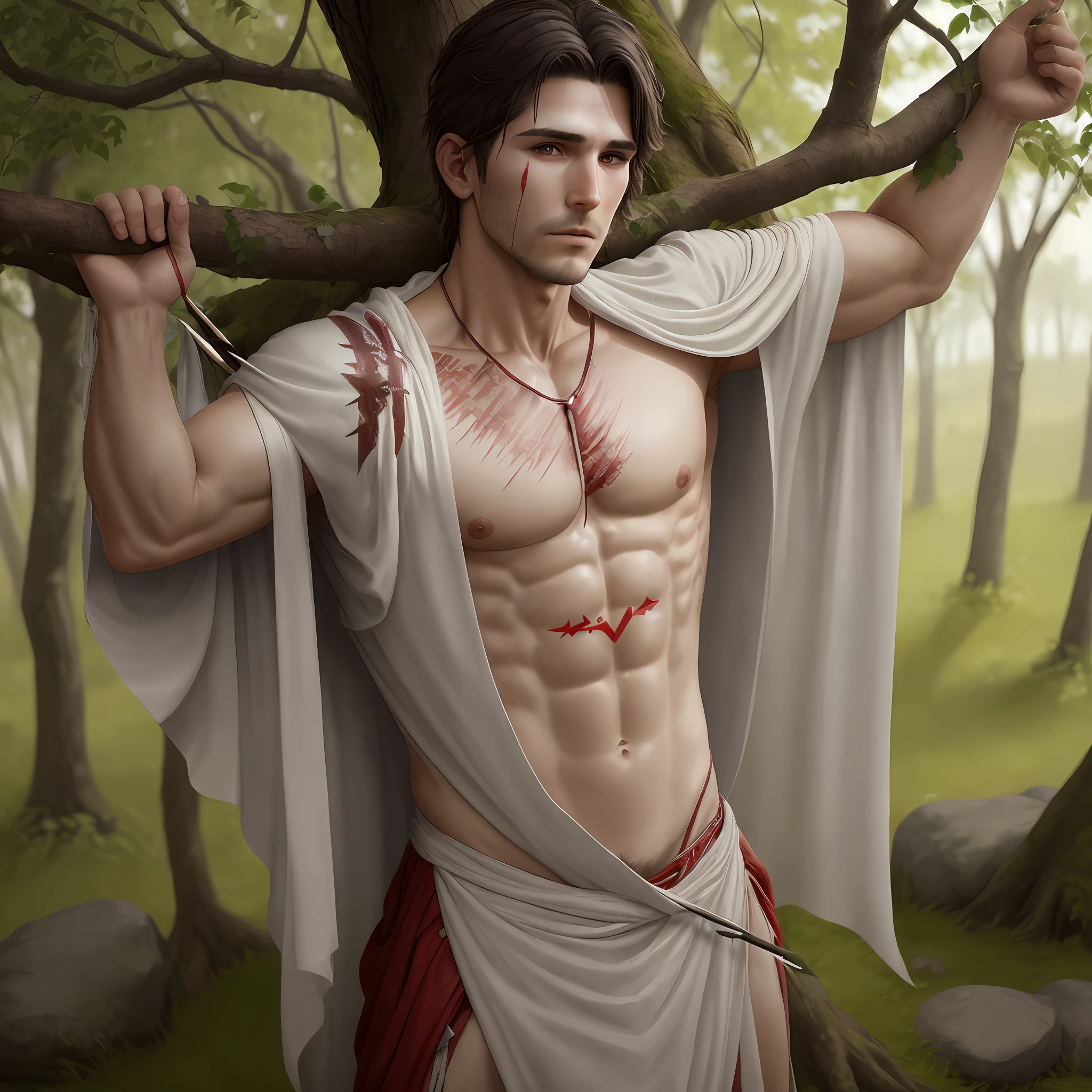 Man with private parts well covered by a tunic better quality wounded by bleeding arrows look at hazing suffered attached to a tree arrows attached to the body