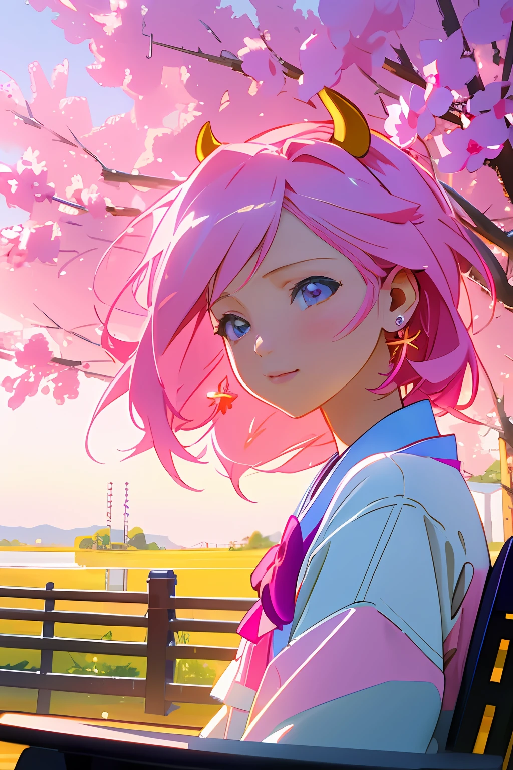 photo, realistic, anime style 1 girl with straight pink hair, eyes, blue, blue, purple, pink Korean clothes, wearing earrings, 1 bow on her head, scenery, a park with 2 medium-sized trees with pink flowers, 2 benches, a bird lake in tree, 8k ultra HD Vivid colors masterpiece ultra smooth v6 resolution, small, Art Nouveau, Golden Hour, cow-boy shot, Maya rendering, Motion blur, Collage, pastel colors, Grifes, glowing lighting, realistic dramatic lighting 8k portrait fine details photorealism cinematic intricate details cinematic lighting photo realistic 8k