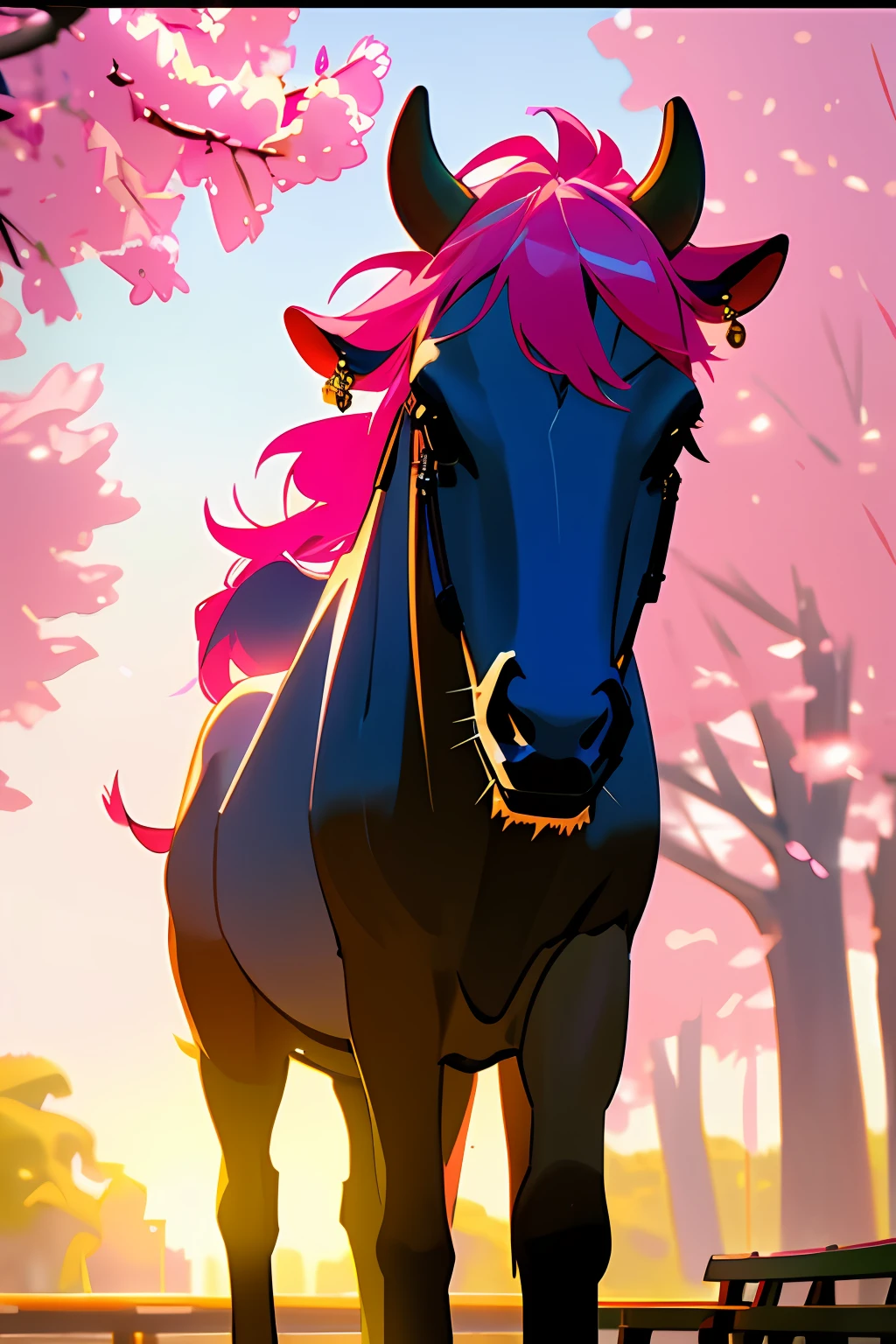 photo, realistic, anime style 1 girl with straight pink hair, eyes, blue, blue, purple, pink Korean clothes, wearing earrings, 1 bow on her head, scenery, a park with 2 medium-sized trees with pink flowers, 2 benches, a bird lake in tree, 8k ultra HD Vivid colors masterpiece ultra smooth v6 resolution, small, Art Nouveau, Golden Hour, cow-boy shot, Maya rendering, Motion blur, Collage, pastel colors, Grifes, glowing lighting, realistic dramatic lighting 8k portrait fine details photorealism cinematic intricate details cinematic lighting photo realistic 8k
