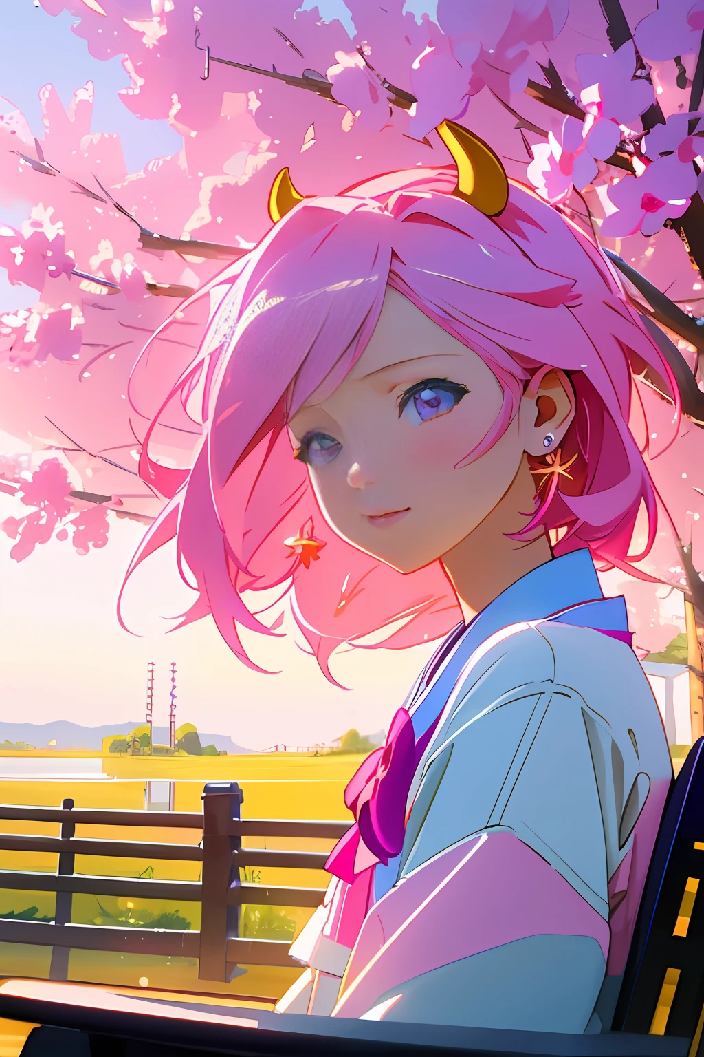 photo, realistic, anime style 1 girl with straight pink hair, eyes, blue, blue, purple, pink Korean clothes, wearing earrings, 1 bow on her head, scenery, a park with 2 medium-sized trees with pink flowers, 2 benches, a bird lake in tree, 8k ultra HD Vivid colors masterpiece ultra smooth v6 resolution, small, Art Nouveau, Golden Hour, cow-boy shot, Maya rendering, Motion blur, Collage, pastel colors, Grifes, glowing lighting, realistic dramatic lighting 8k portrait fine details photorealism cinematic intricate details cinematic lighting photo realistic 8k