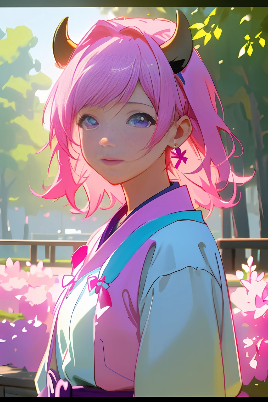 photo, realistic, anime style 1 girl with straight pink hair, eyes, blue, blue, purple, pink Korean clothes, wearing earrings, 1 bow on her head, scenery, a park with 2 medium-sized trees with pink flowers, 2 benches, a bird lake in tree, 8k ultra HD Vivid colors masterpiece ultra smooth v6 resolution, small, Art Nouveau, Golden Hour, cow-boy shot, Maya rendering, Motion blur, Collage, pastel colors, Grifes, glowing lighting, realistic dramatic lighting 8k portrait fine details photorealism cinematic intricate details cinematic lighting photo realistic 8k