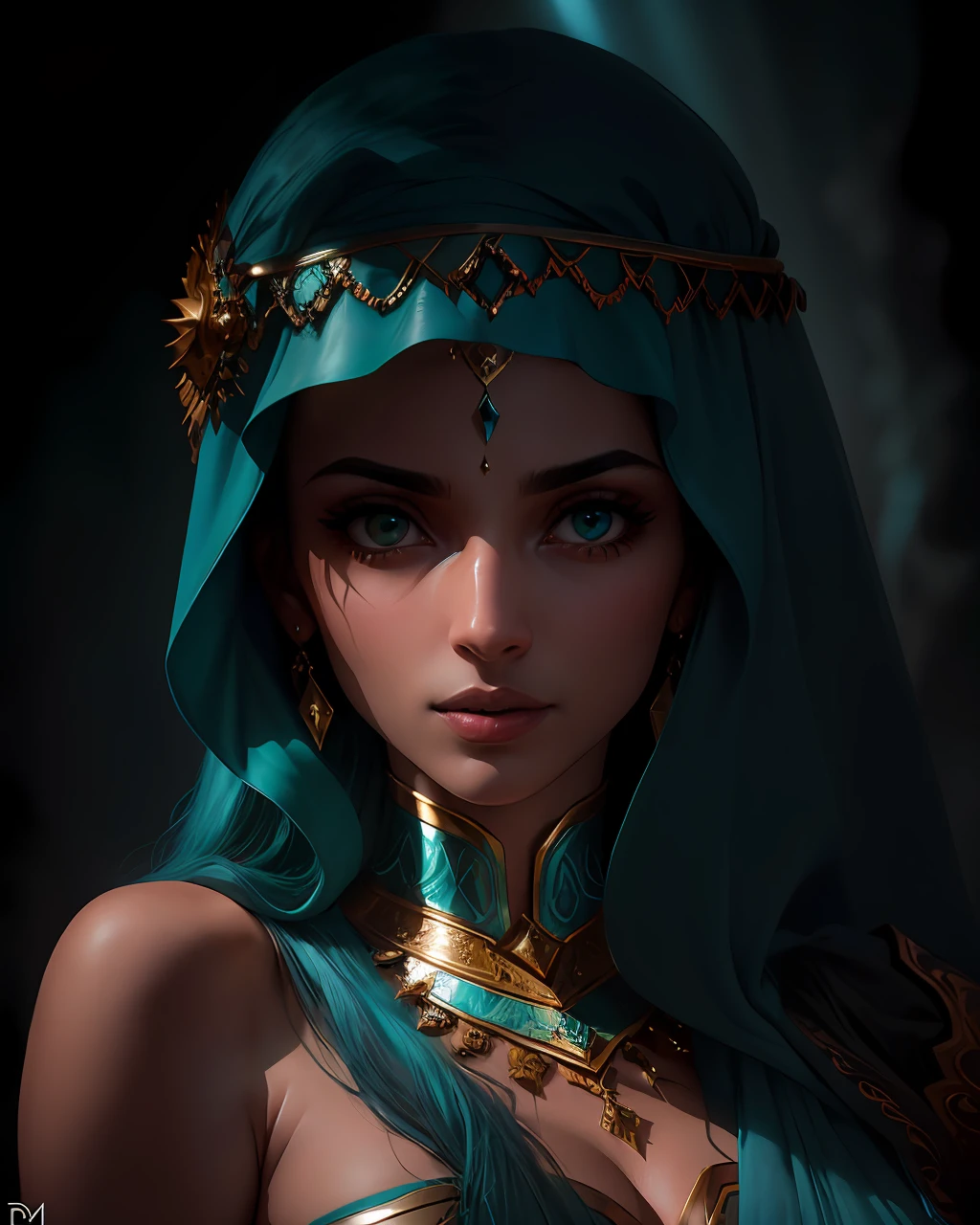 portrait of a award winning photo of arabian princess posing in a dark studio, (rim lighting,:1.4) two tone lighting, sharp focus, teal hue, octane, unreal, dimly lit, low key,