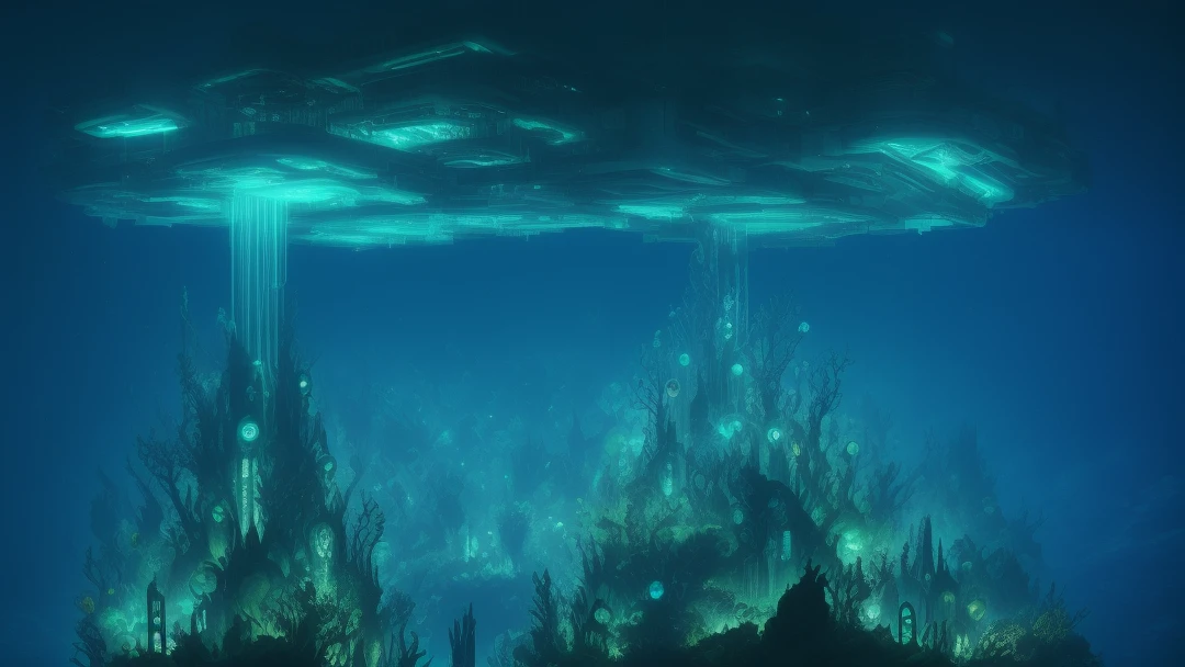 Underwater metropolis at midnight, illuminated by bioluminescent creatures