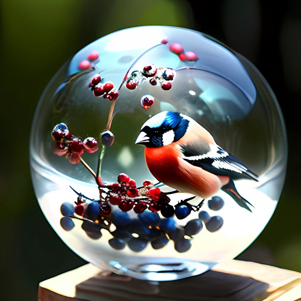 a glass ball, inside of which is a bullfinch, multi-colored crystals and northern berries