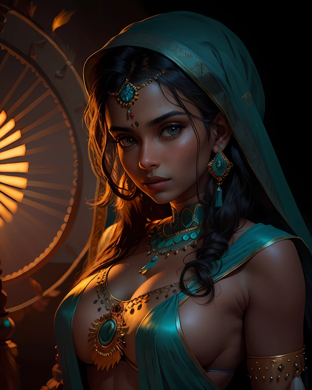 portrait of a award winning photo of indian princess posing in a dark studio, (rim lighting,:1.4) two tone lighting, sharp focus, teal hue, octane, unreal, dimly lit, low key,