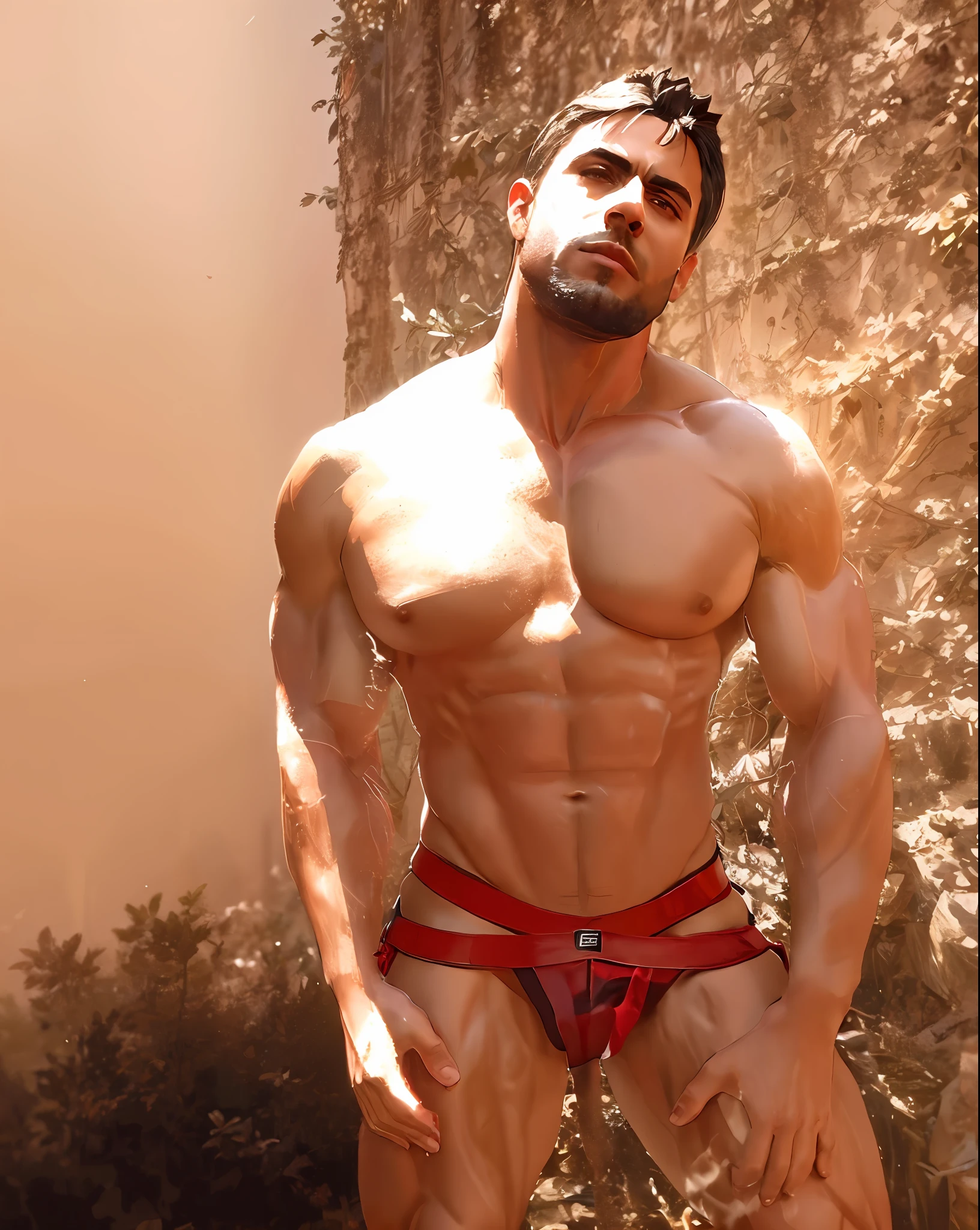 (Man) Tanned muscular man, wearing black thong, leather, bondage, (tied) tied, tattoo on right chest, forest background, dramatic lighting, dynamic pose, (realistic) realistic