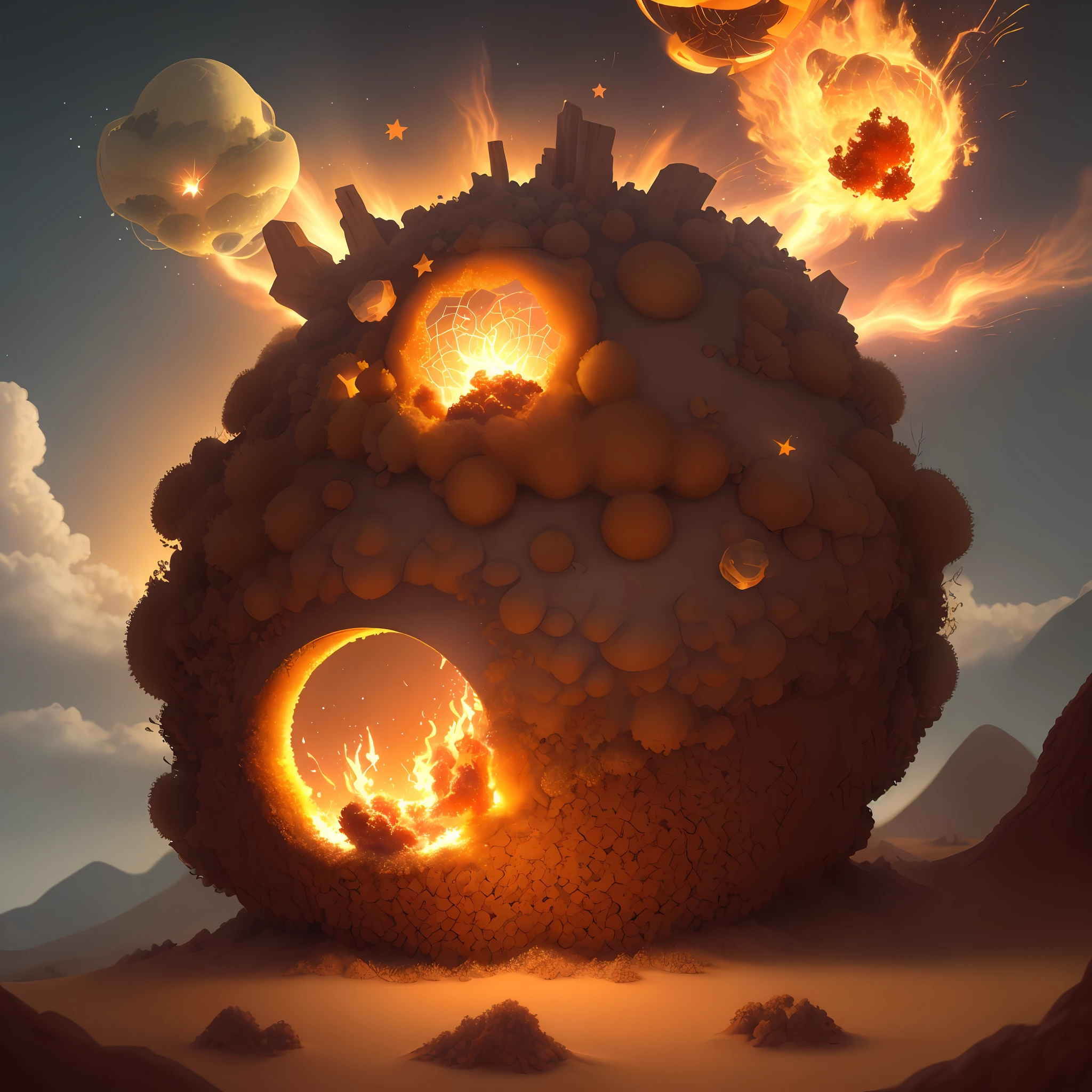 anthill in the form of a burning star, modernism, fantasy, flame, star