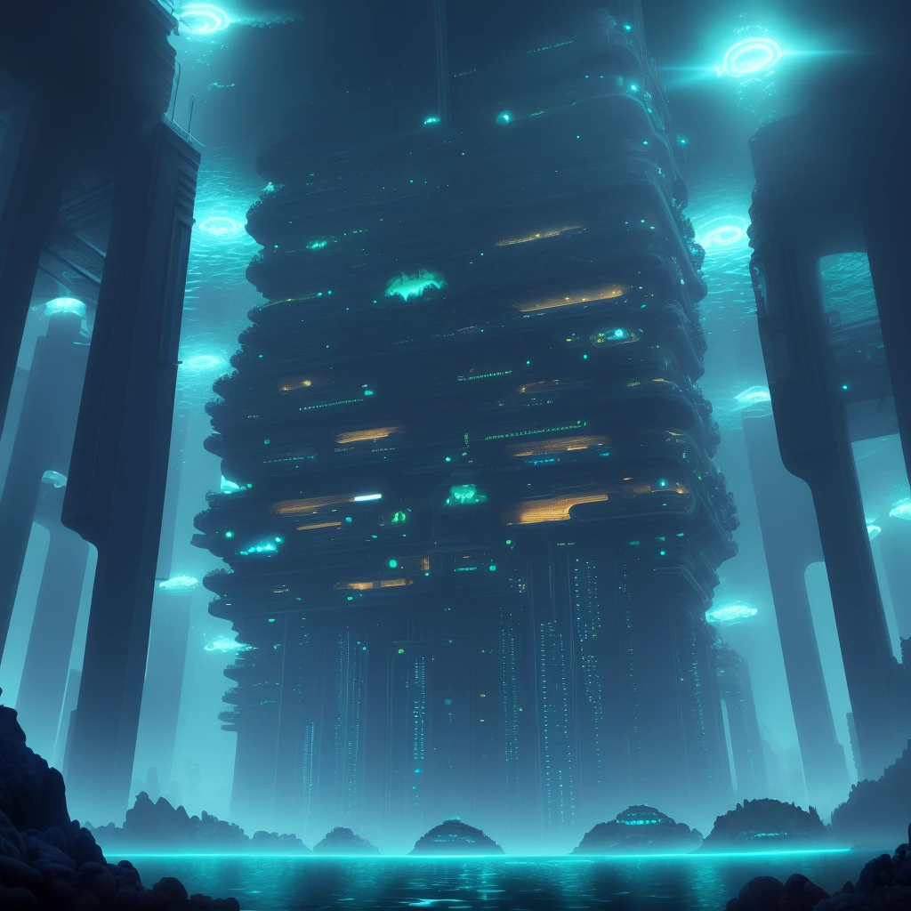 Futuristic underwater metropolis at midnight, illuminated by bioluminescent creatures