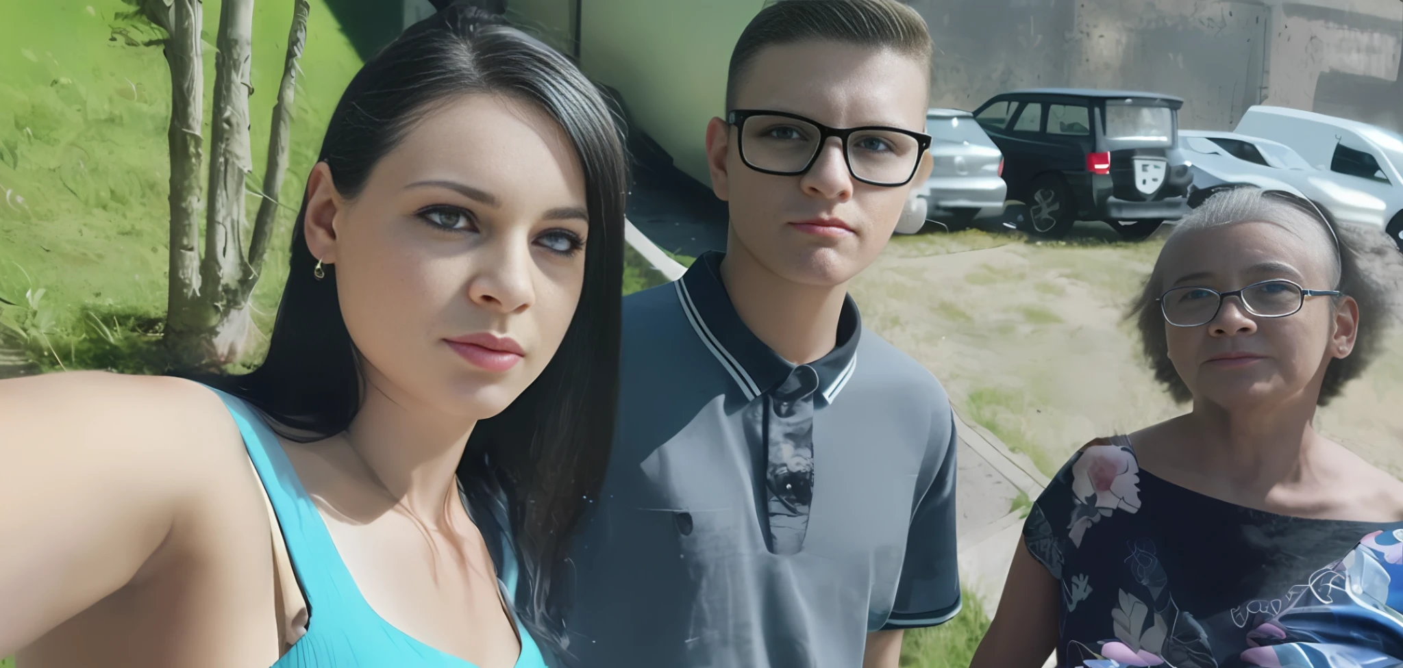 there are two people next to each other in a photorealistic parking lot, the woman closest to the screen who is holding the phone for selfie, is around 40 years old, the boy next door is wearing glasses and has around 16 and without a beard appearance of a teenager, the woman in the right corner of the photo is around 60 years old, The photo is in 8K, has to get ultra realistic, amazing modeling of the 3 people incredibly realistic, close to reality.
