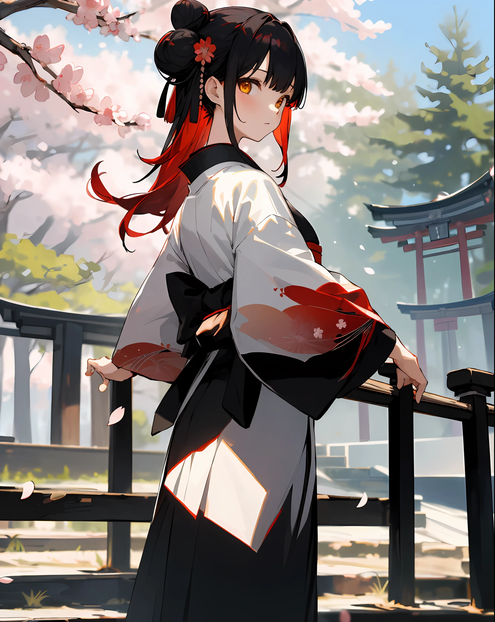 ((masterpiece,best quality)),2girls, black kimono, black legwear, black ribbon, black hair, cherry blossoms, day, flower, hair bun, hair ribbon, japanese clothes, kimono, long hair, looking at viewer, looking back, multiple girls, obi, outdoors, red eyes, red hair, ribbon, sandals, single hair bun, stairs, standing, statue, torii, tree, white kimono, yellow eyes