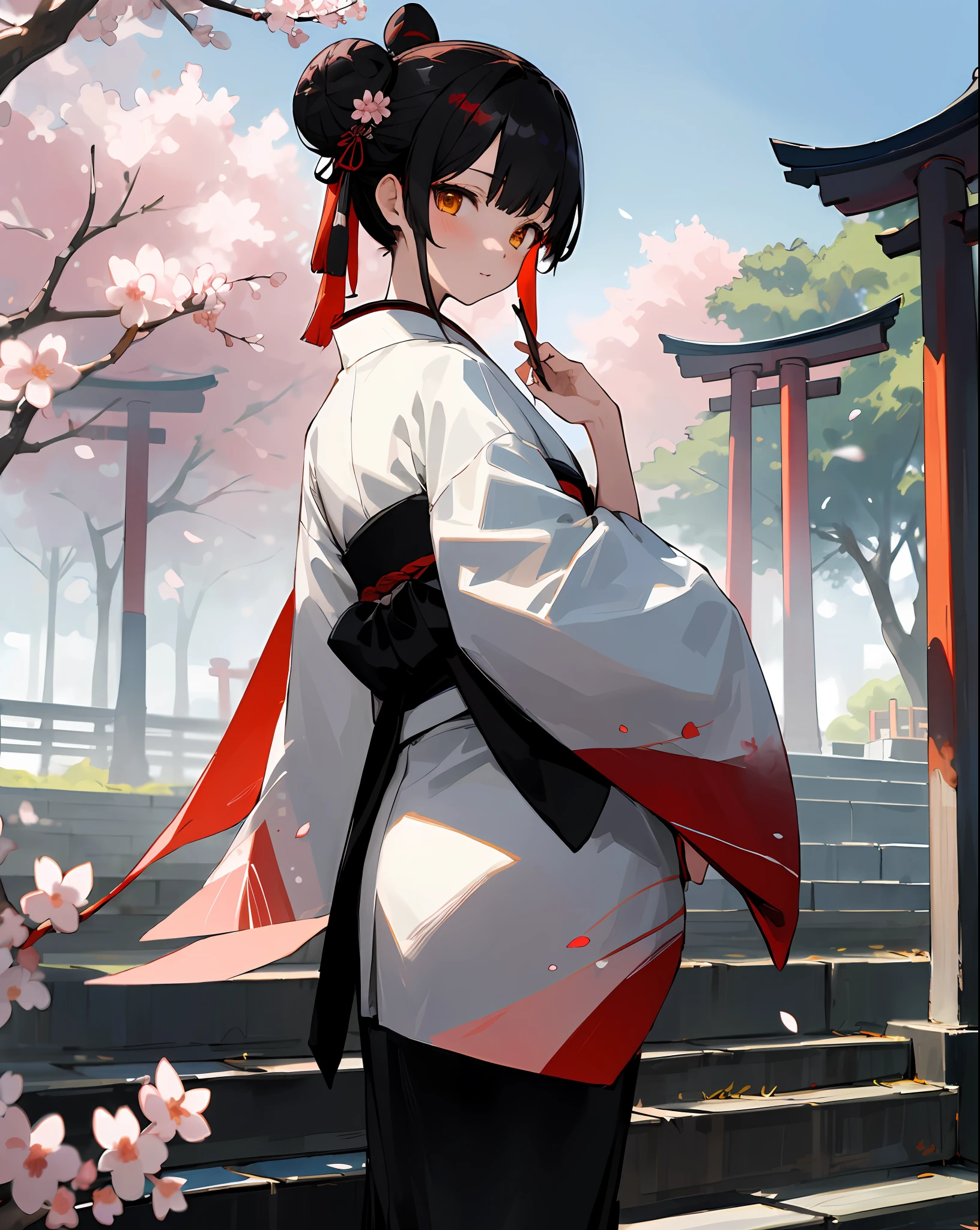 ((masterpiece,best quality)),2girls, black kimono, black legwear, black ribbon, black hair, cherry blossoms, day, flower, hair bun, hair ribbon, japanese clothes, kimono, long hair, looking at viewer, looking back, multiple girls, obi, outdoors, red eyes, red hair, ribbon, sandals, single hair bun, stairs, standing, statue, torii, tree, white kimono, yellow eyes
