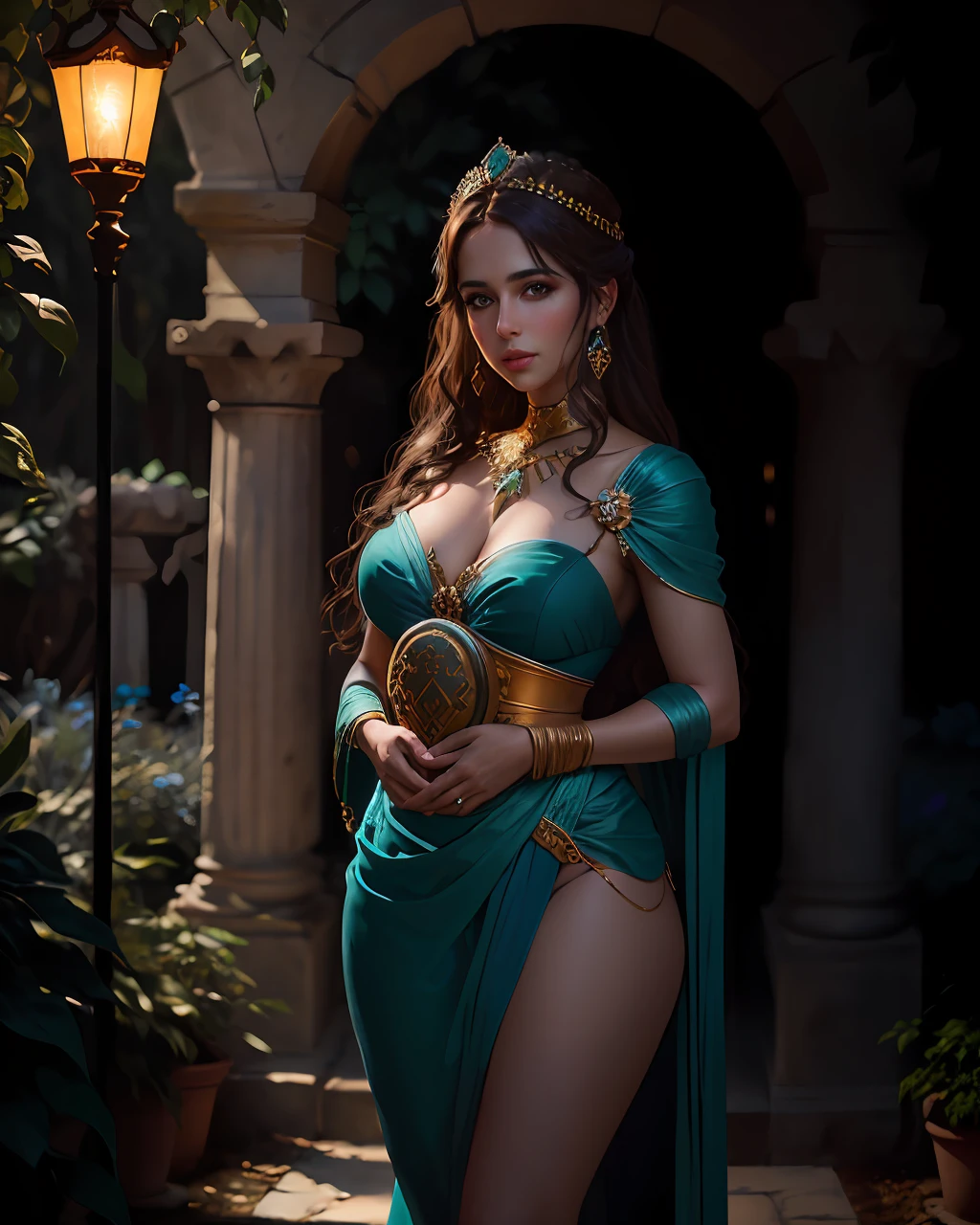 portrait of a award winning photo of a very beautiful greek princess posing in a dark garden, (rim lighting,:1.4) two tone lighting, sharp focus, teal hue, dimly lit, low key,