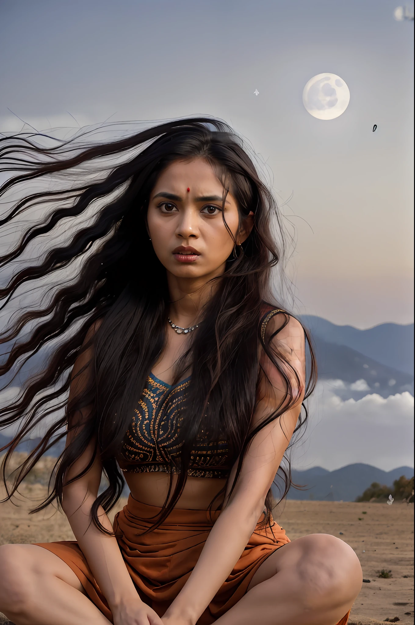 Realistic photo, 45-year-old Indian woman sitting in meditation, wearing black Indian clothing, blue skin color, Hindu goddess kali, wavy and long black hair (hair in the wind) (wind in the hair), big eyes, angry look, furious, himalaya background under the moonlight