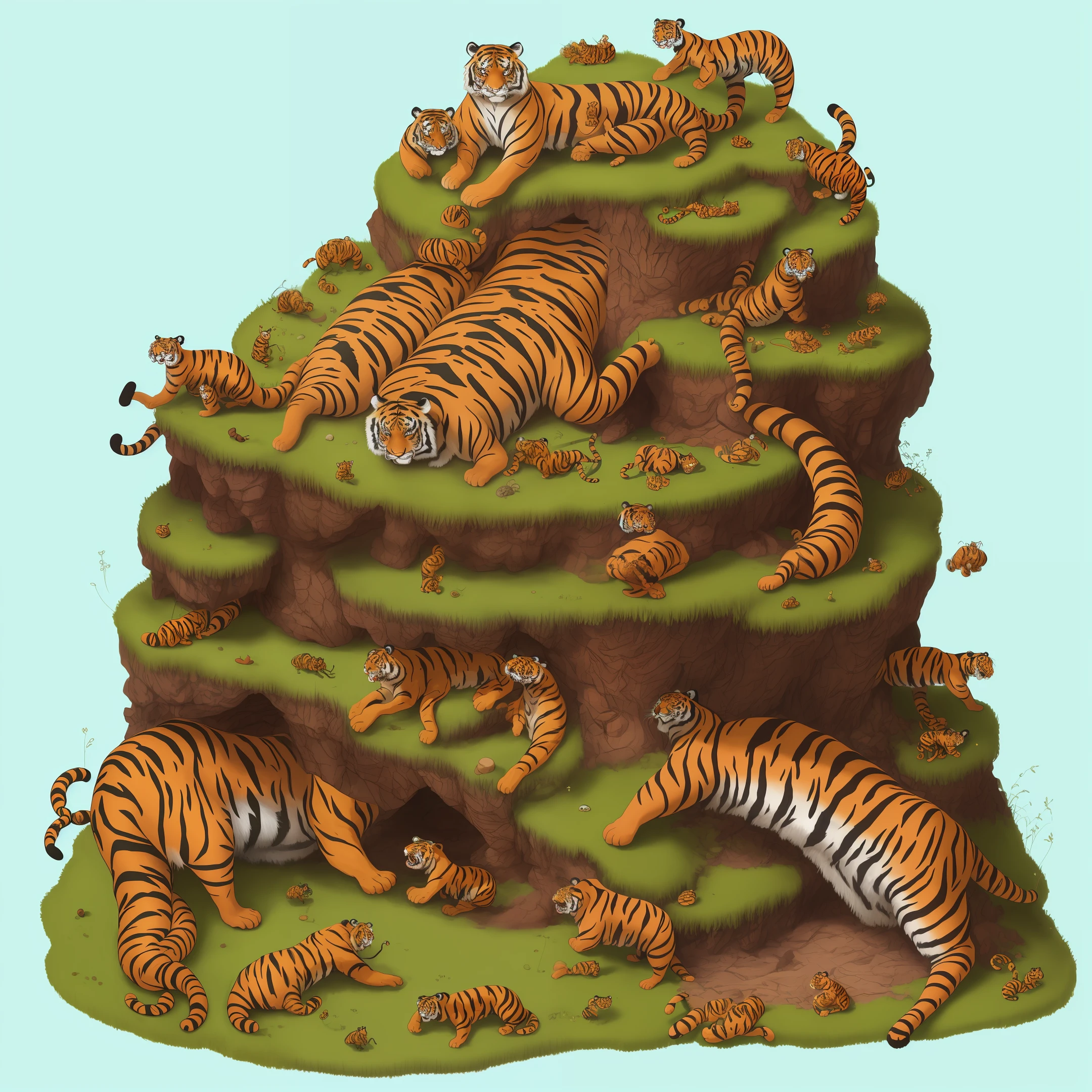 detailed anthill with a sleeping tiger on top and lunatic ants dancing around it, fantasy