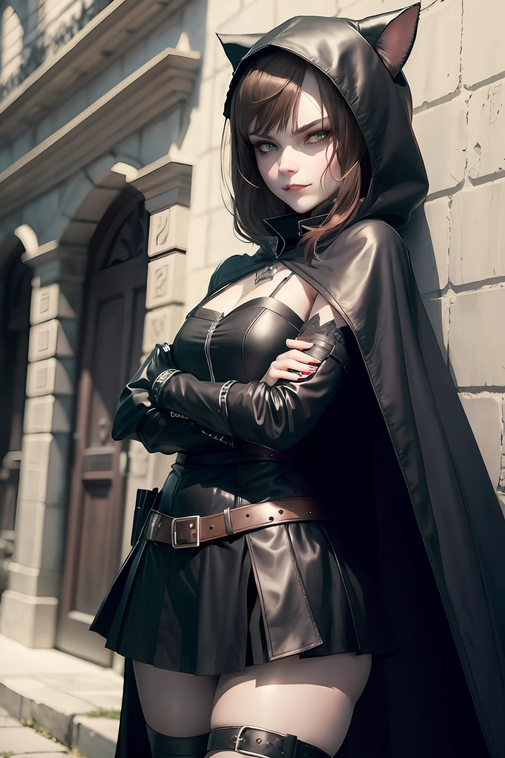 A undead cat girl wearing a short skirt, leather armor and a black hood. She has dead green eyes, pale skin, brown hair and sharp fangs, and she has her arms crossed. She also has a small cloak which is black as well, and she has a nervous smirk. She also has a pistol holster on her thigh