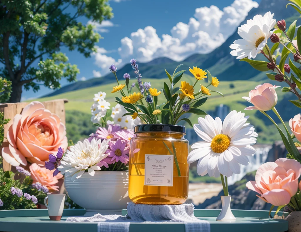 honey jar,ultra detailed,ultra quality, hyper-realistic scene, retain the original appearance of the tea pocket, generate a good-looking background atmosphere, Product photography of a honey jar, arranged with plants and flowers, realistic, light background, realistic rendering, blue sky background, water , Sunlight, Low View, Blender, Product Rendering, HD 8K Illustration of a hyperrealistic , otherworldly, ultrasky scene featuring a giant crystal tree full body,very detailed and magical lighting, intricate forest details, vegetation and river around, solarpunk ,landscape, giant tree, beatifull leafy with beautiful lighting and realistic proportions, as if it were a cinematic background, 8k, highest quality, masterpiece, clouds and stars in the sky.