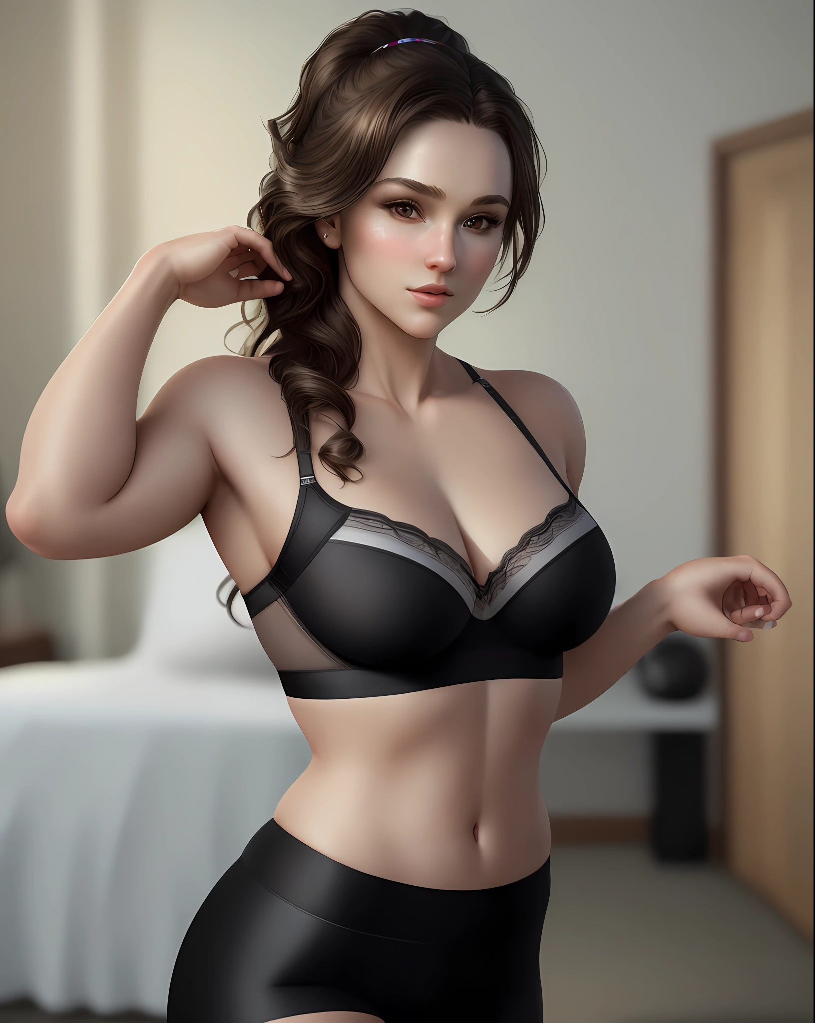"(((Masterpiece)))), amazing quality, ultra-realistic details, realistic skin texture in 8k resolution, perfect shadows and lighting, breathtaking hyper-realism. A woman in sexy poses, wearing sports lingerie."
