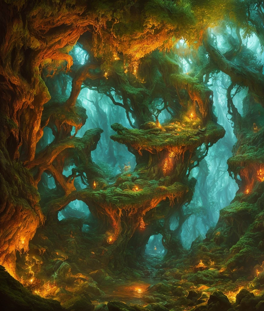 magical realm forest with a cave fantasy background by Akira Toriyama and Albert Koetsier, ultra-realistic style photography, highly detailed, intricate, cinematic lighting,