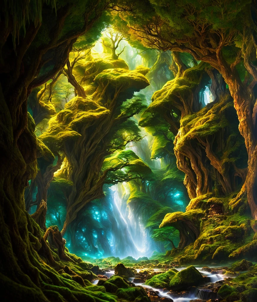 magical realm forest with a cave fantasy background by Akira Toriyama and Albert Koetsier photorealistic style photography ultra realistic highly detailed intricate, cinematic lighting --air 3:2