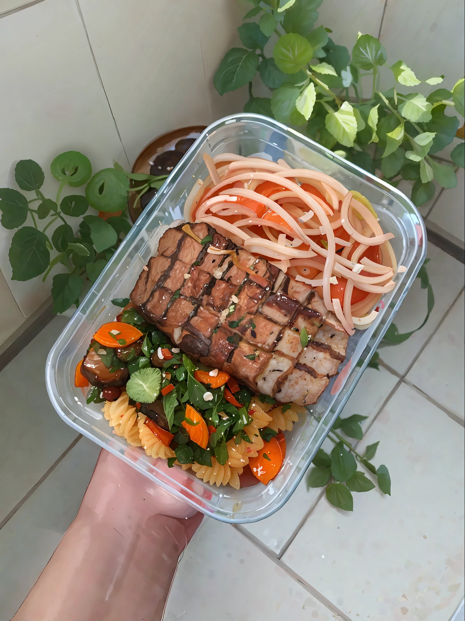plastic container with a meal, aokamei, daopao, baki style, komorebi, bao pnan, served with pasta, bowl full of food, by Emma Andijewska, , Korean supper, by Bernardino Mei, by Ella Guru, ❤🔥🍄🌪 by Amelia Peláez