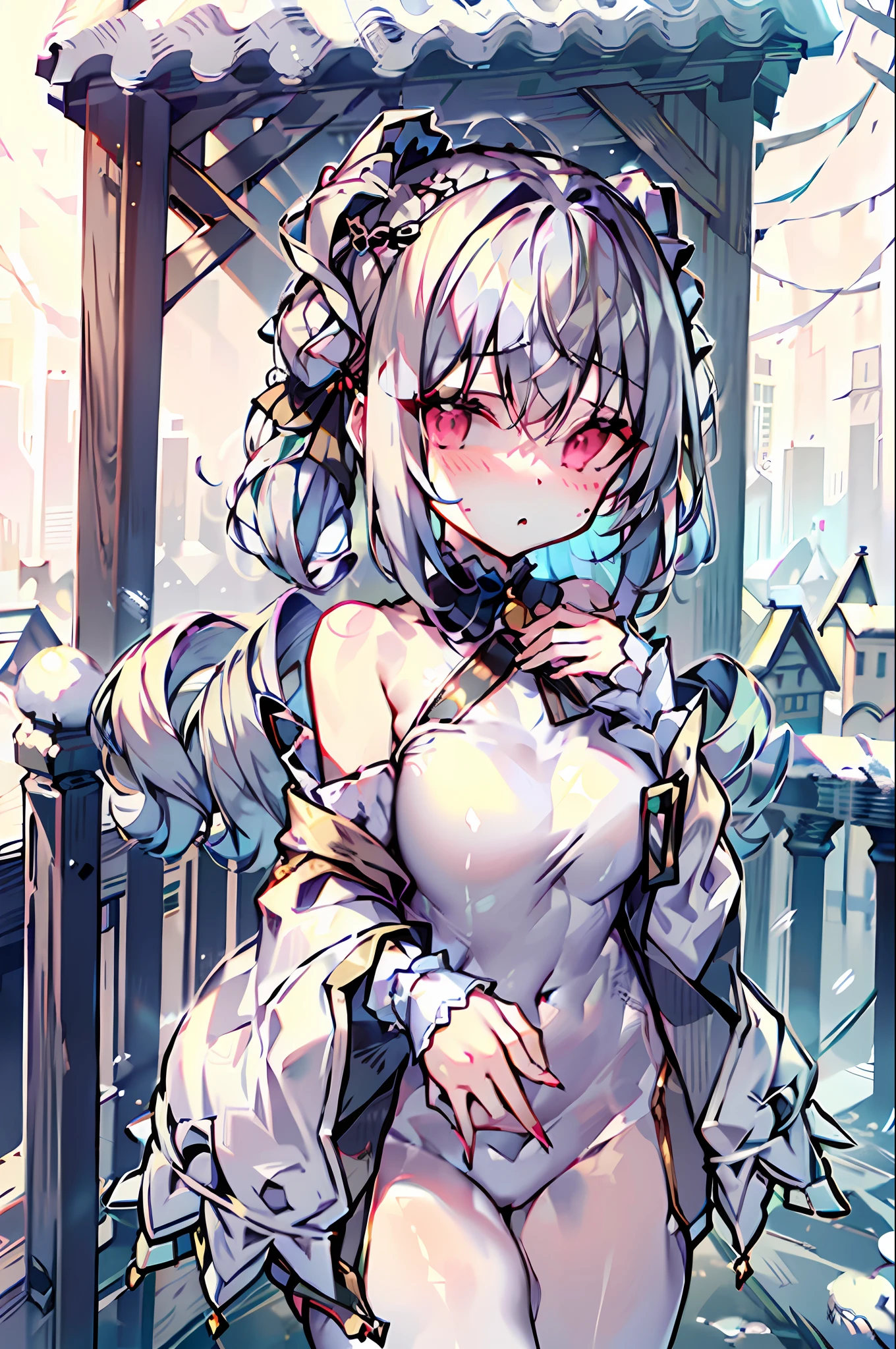 (masterpiece), (best quality), (very detailed), girl single, solo, red eyes, holding, looking viewer, holding cup, outdoor, snow, long sleeve, bangs, closed mouth, bare trees, fur trim, hair between eyes, ribbon, open clothes, bag, winter, black ribbon, snowfall, gray hair, coat, hair ribbon, buns hair, upper body, jacket, side lock, blush, fur collar