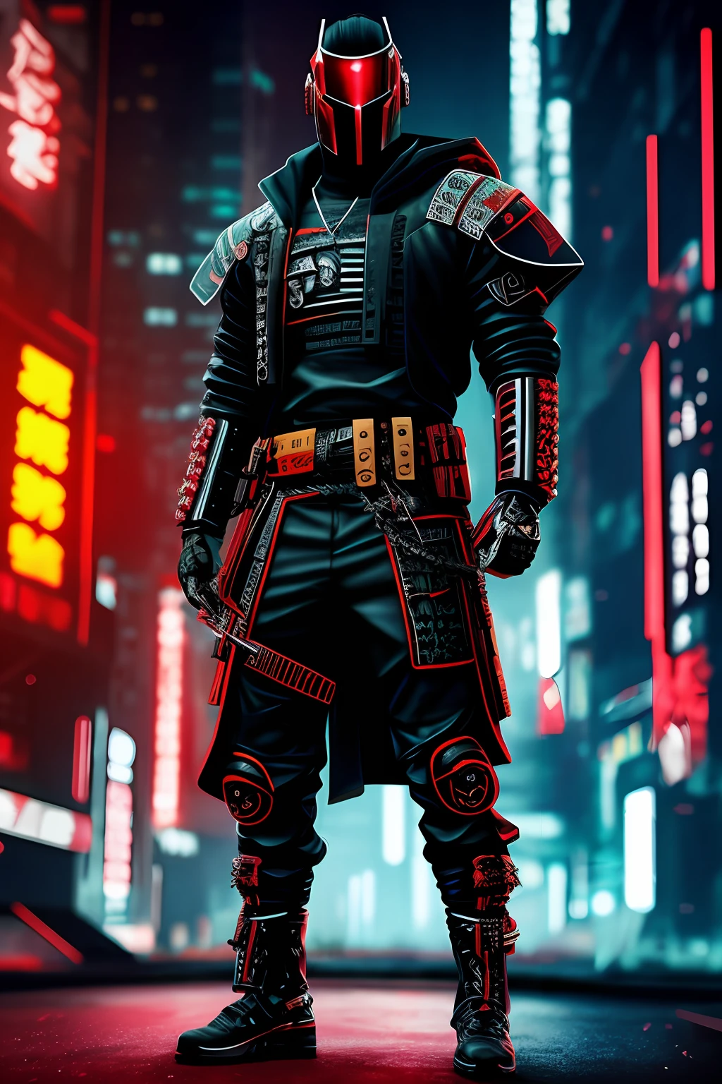 Bounty Hunter, cyberpunk samurai, full body, badass pose, black and red clothes, jacked body, cyberpunk europe background .