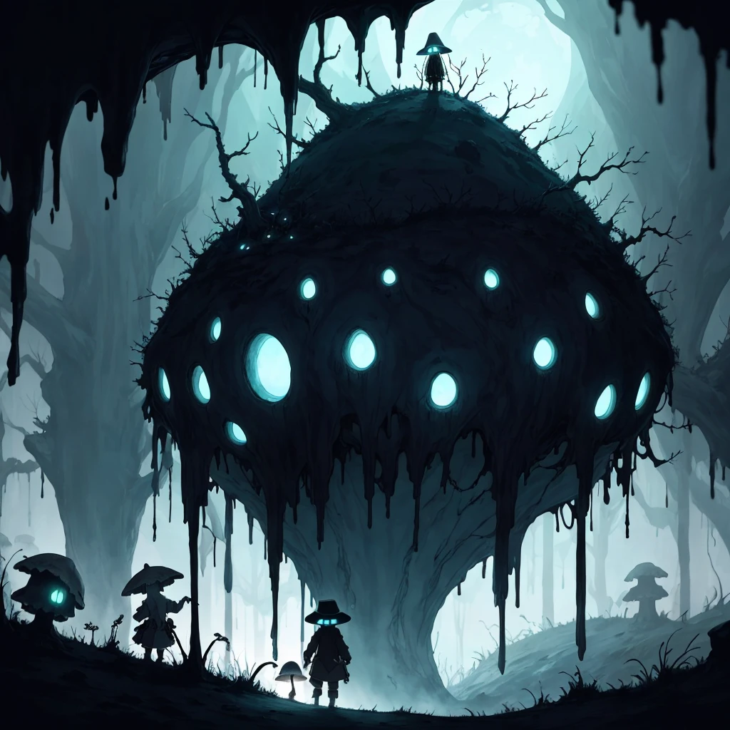 Made in Abyss, an otherworldly wonderland of fascination and terror. The underground world is filled with strange creatures and marvels, but also hides unimaginable dangers. Descending deeper and deeper into the Abyss, the atmosphere becomes more oppressive and unsettling, with a sense of dread lurking around every corner. The walls drip with moisture, and the faint glimmer of luminescent fungi casts an eerie glow. The lighting is scarce, offering only glimpses of the looming darkness ahead. The shadows play tricks on the mind, impossible to predict, and a constant reminder of the Abyss's ever-present hazards