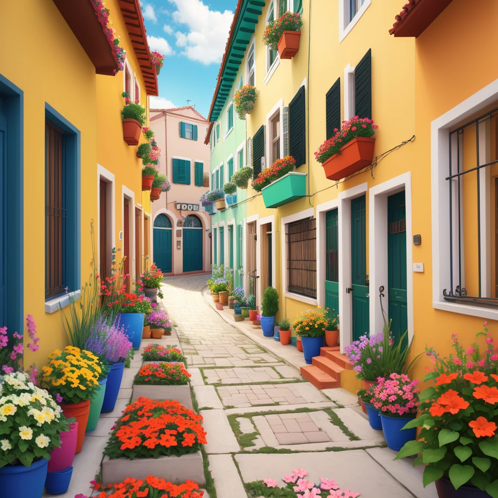 a street with colorful flowers and potted plants on the side of it stock photo, rich picturesque colors, vibrant and vivid color, vibrant vivid colors, decorated with flowers, details and vivid colors, vibrant pastel colors, colorful house, vivid and vibrant colors, large colorful images, vivid and colorful, colorful houses, in a mediterranean lanscape, bright vivid colors