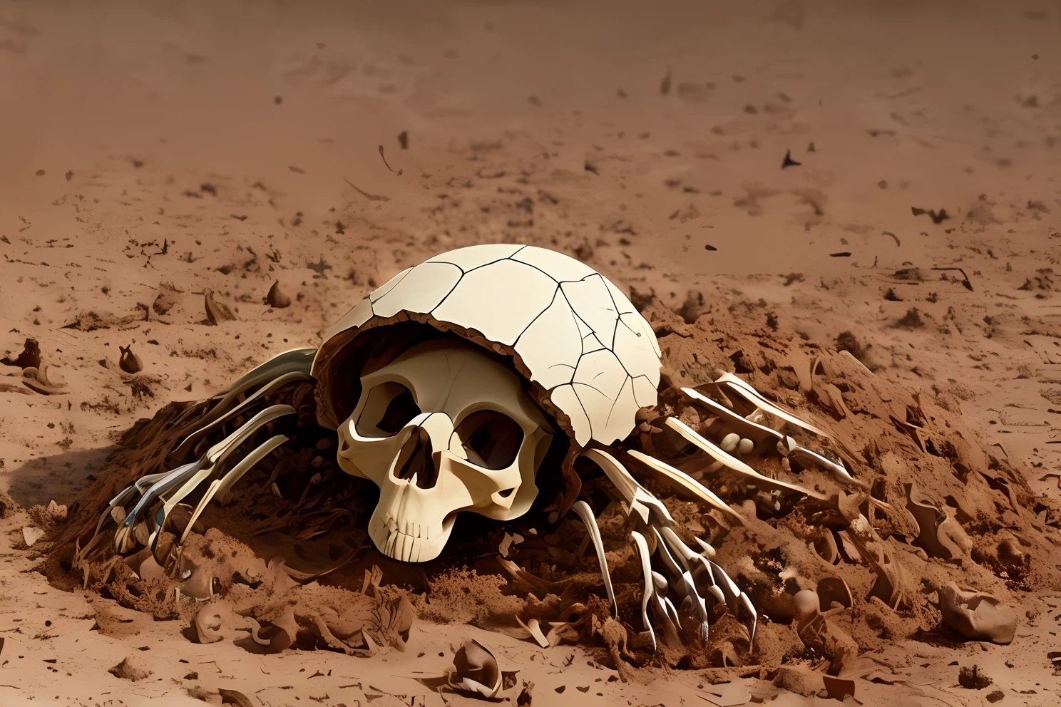 A broken anthill,with skeleton ufo skull inside