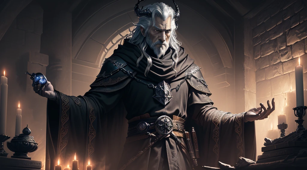 (Ultra detailed), (masterpiece), (best quality), (very detailed CG unit 8k wallpaper), (extremely wide shot), ((wizard inspired by Elden Ring)), (in his lair), medieval, fantasy, (wearing black crown), making spells, male, male anatomy, conceptual art, dramatic, cinematic, highly detailed, stylized wallpaper