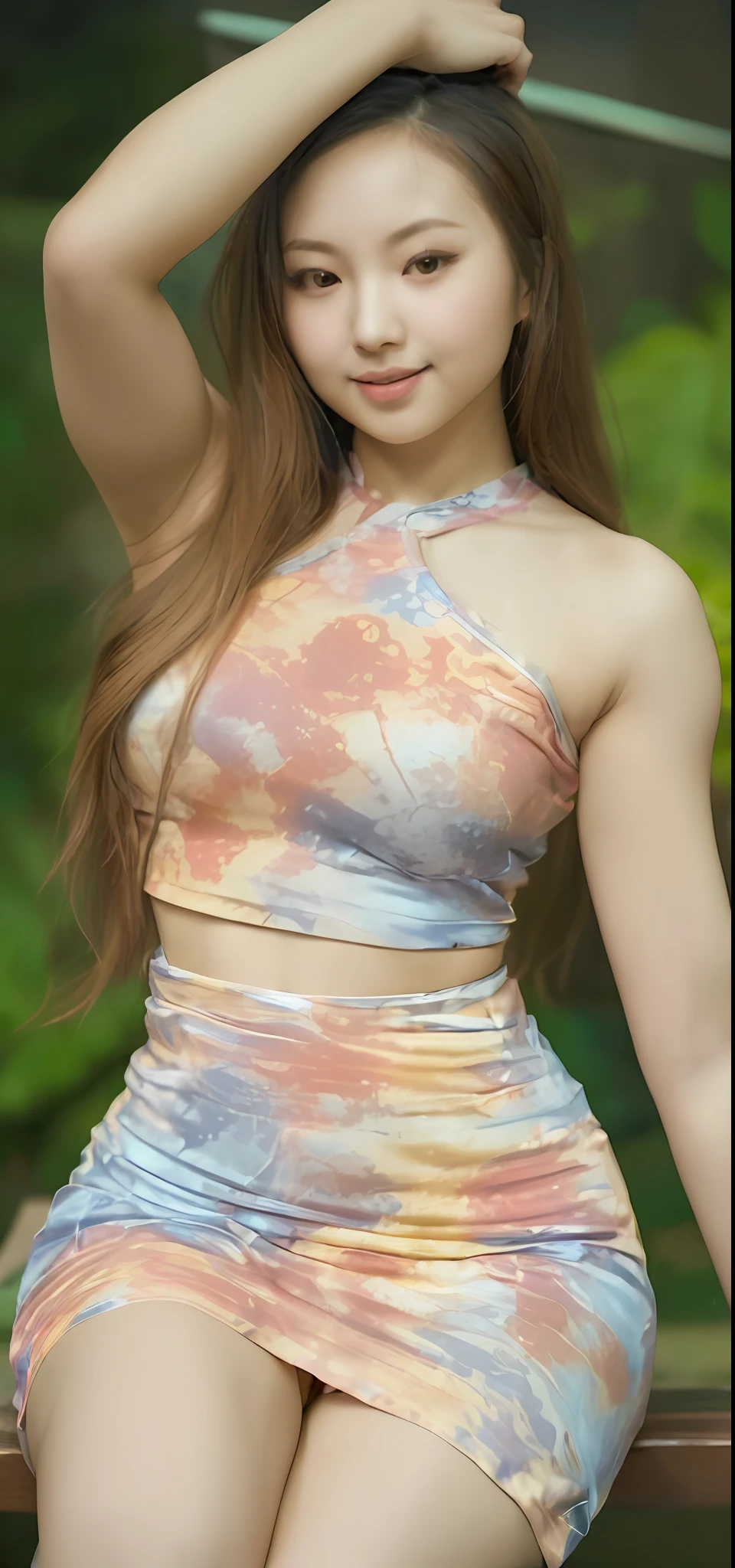 a woman in a colorful dress sitting on a bench, tight outfit, y girl, asian girl, crop top, croptop and shorts, captivating and enticing, attractive girl, croptop, beautiful model girl, beautiful asian girl, halter top, attractive body, profile pic, fit dainty figure, waist high, tight attire, 2 4 ymale model, round breasts, thin